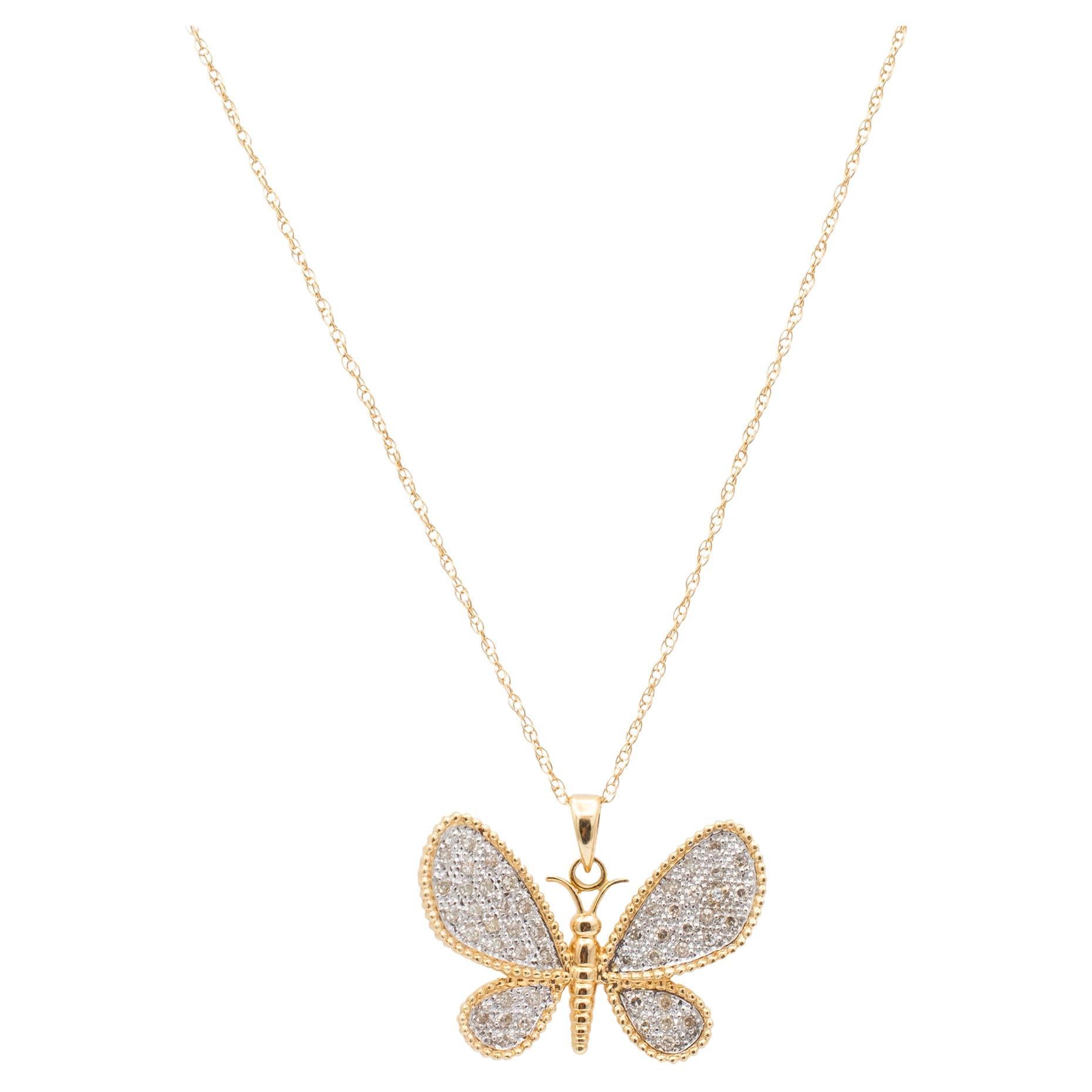 Ladies 14K Yellow Gold Cluster Pave Diamond Butterfly Pendant Necklace For Sale