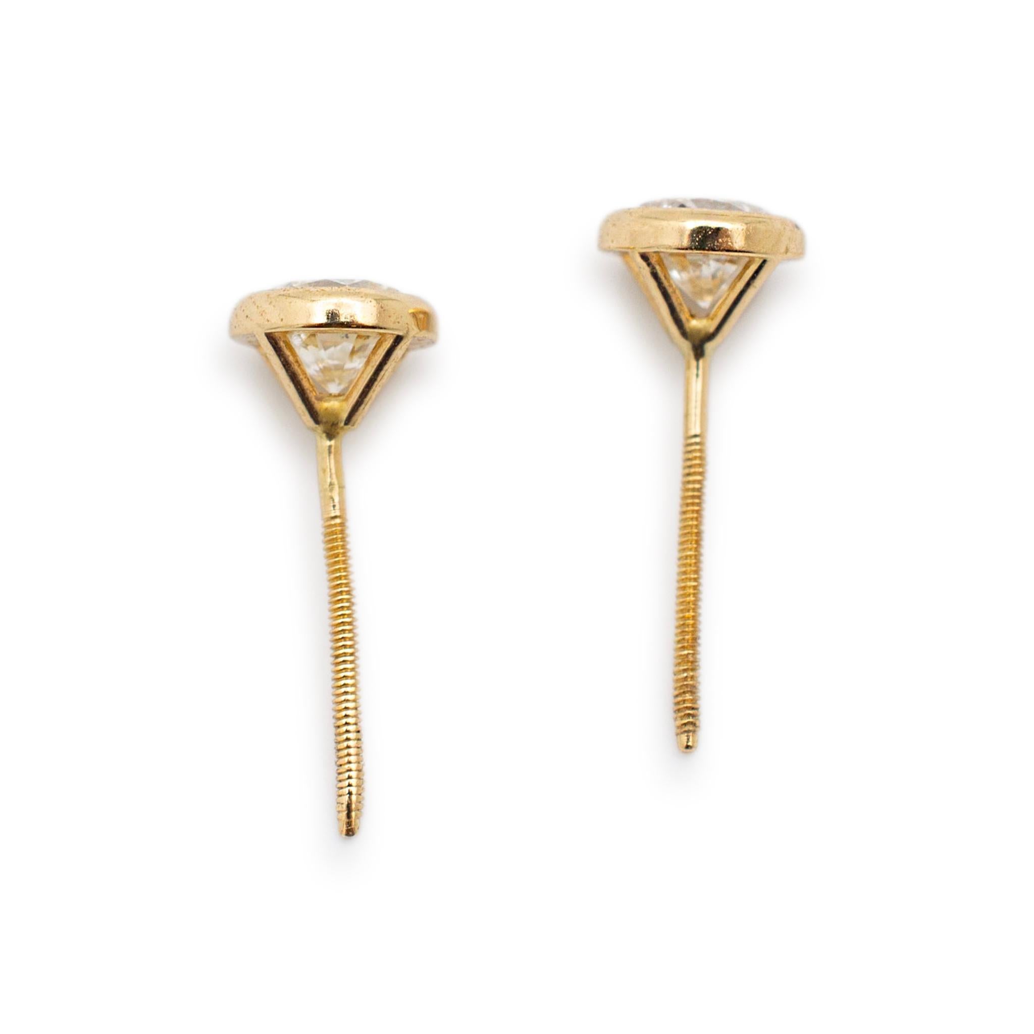 Round Cut Ladies 14K Yellow Gold Diamond Bezel Stud Earrings