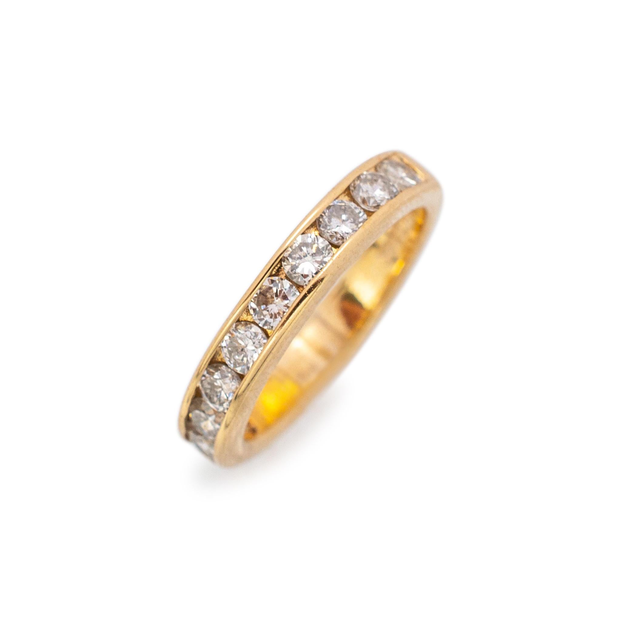 Gender: Ladies

Metal Type: 14K Yellow Gold

Size: 6

Shank Width: 3.55mm

Weight: 3.80 grams

14K yellow gold diamond wedding band with a soft-square shank. Engraved with 