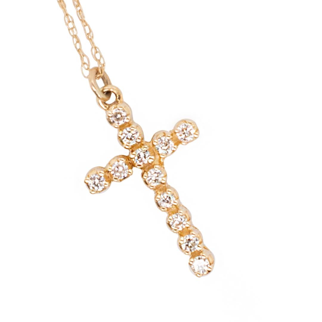 Round Cut Ladies 14K Yellow Gold Diamond Cross Necklace For Sale