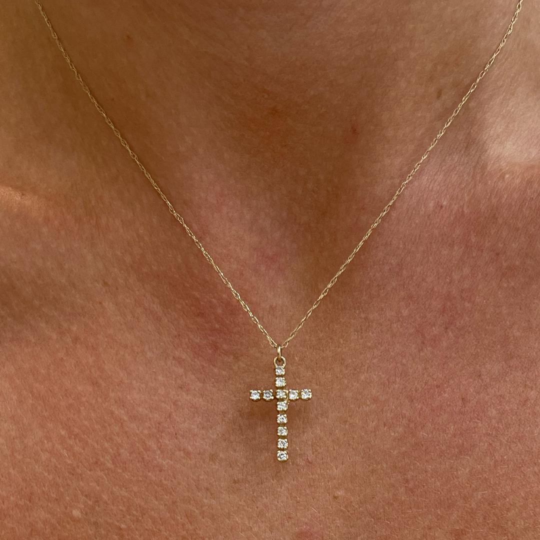 Ladies 14K Yellow Gold Diamond Cross Necklace For Sale 2