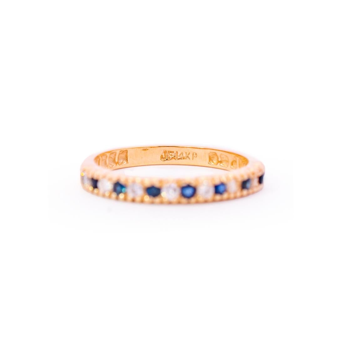 Round Cut Ladies 14k Yellow Gold Diamonds and Sapphires Wedding Cocktail Band For Sale
