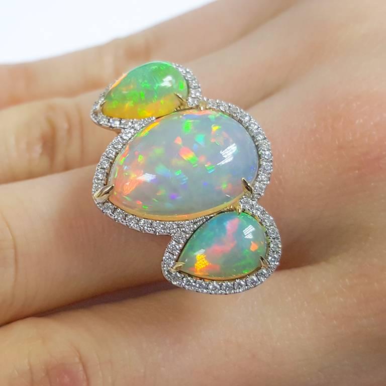 Pear Cut Ladies 14 Karat Yellow Gold Ethiopian Opal and Diamonds Ring For Sale