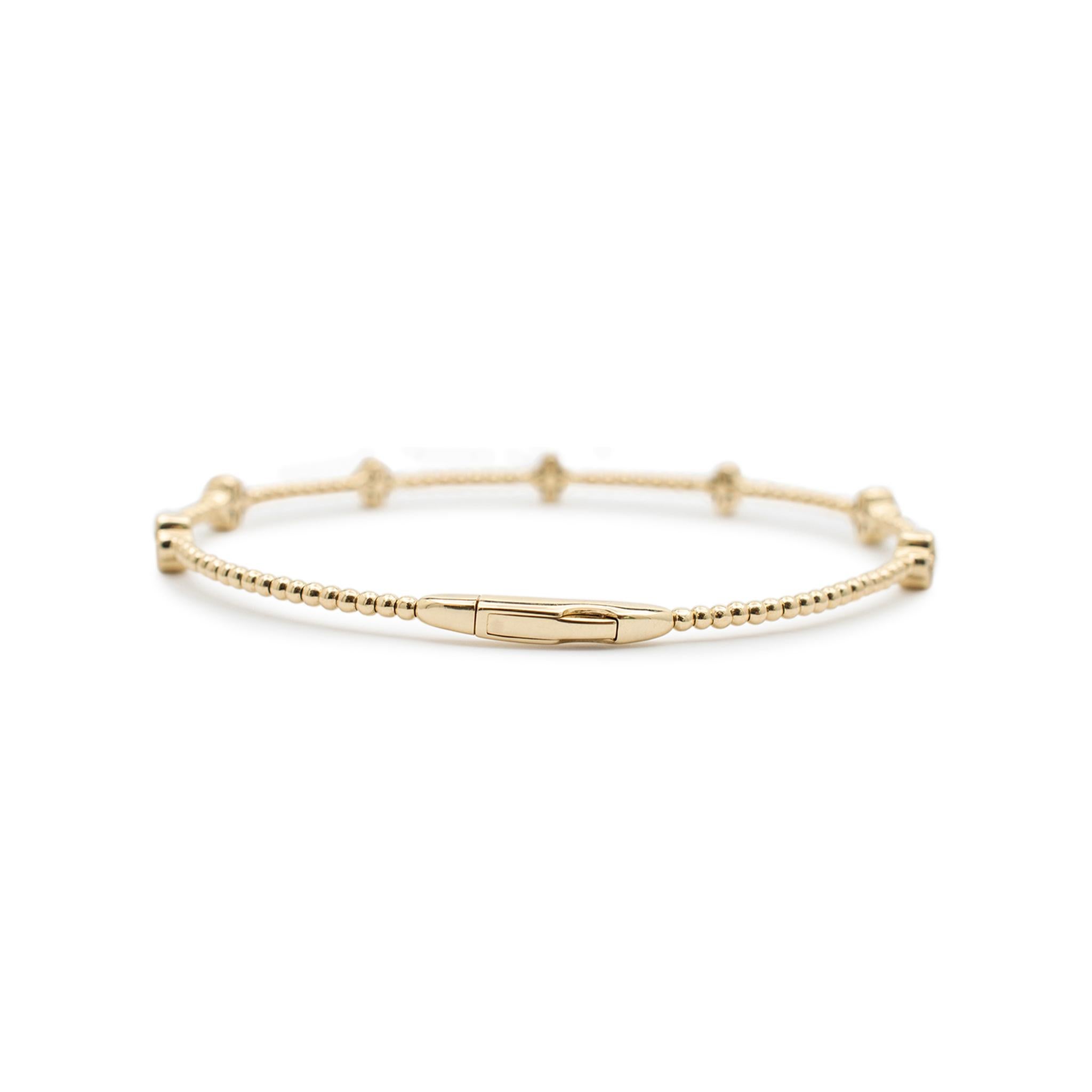 Gender: Ladies

Metal Type: 14K Yellow Gold

Length: 6.75 Inches

Width: 5.00 mm

Weight: 5.90 grams


Ladies 14K yellow gold diamond bangle bracelet. Engraved with 