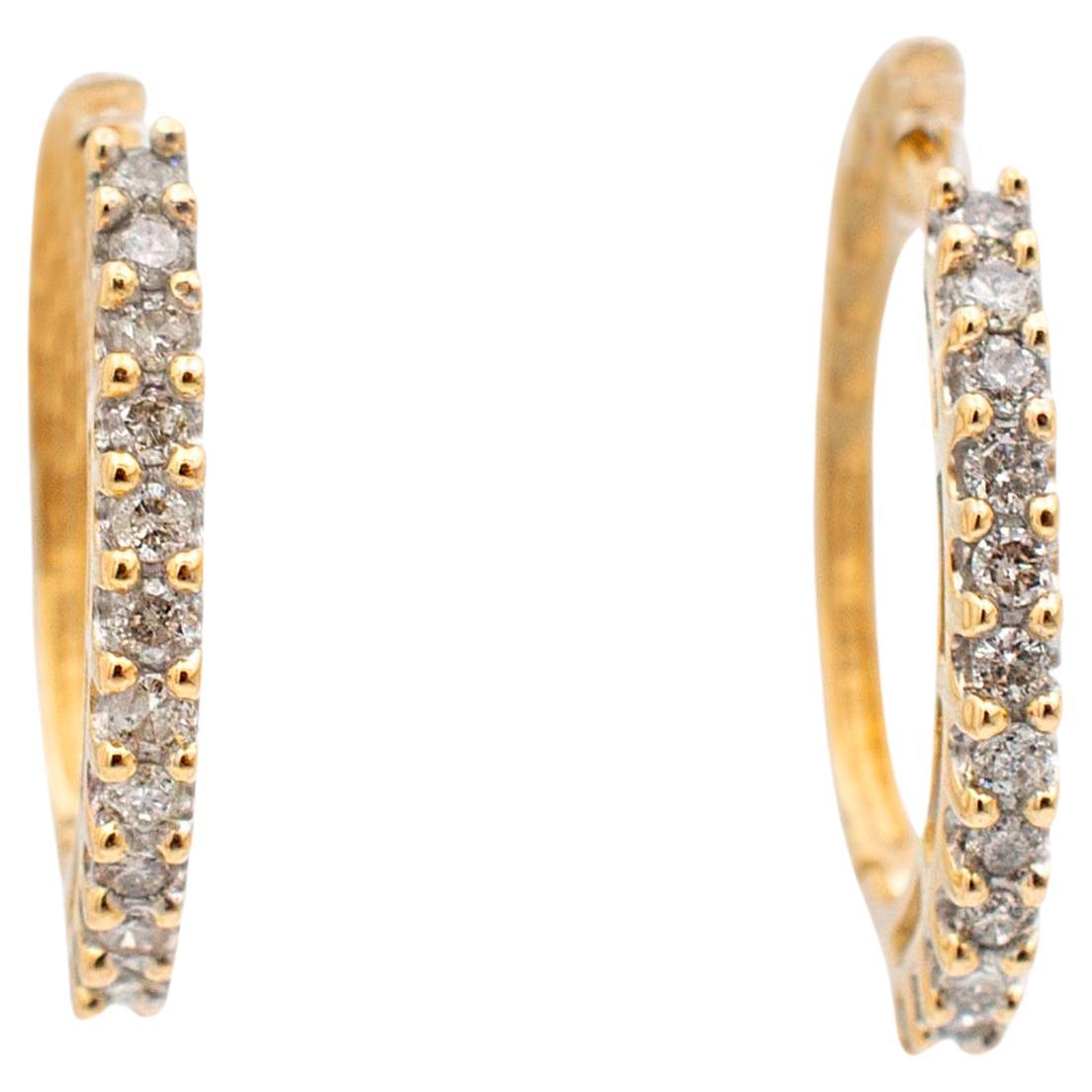 Ladies 14K Yellow Gold Half Eternity Diamond Hoop Earrings For Sale
