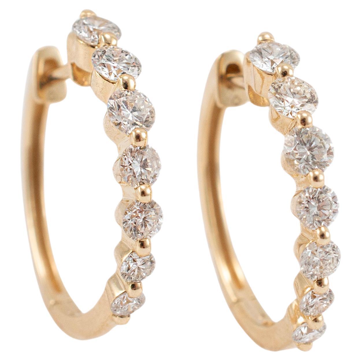 Ladies 14K Yellow Gold Half Eternity Graduated Diamond Mini Hoop Earrings
