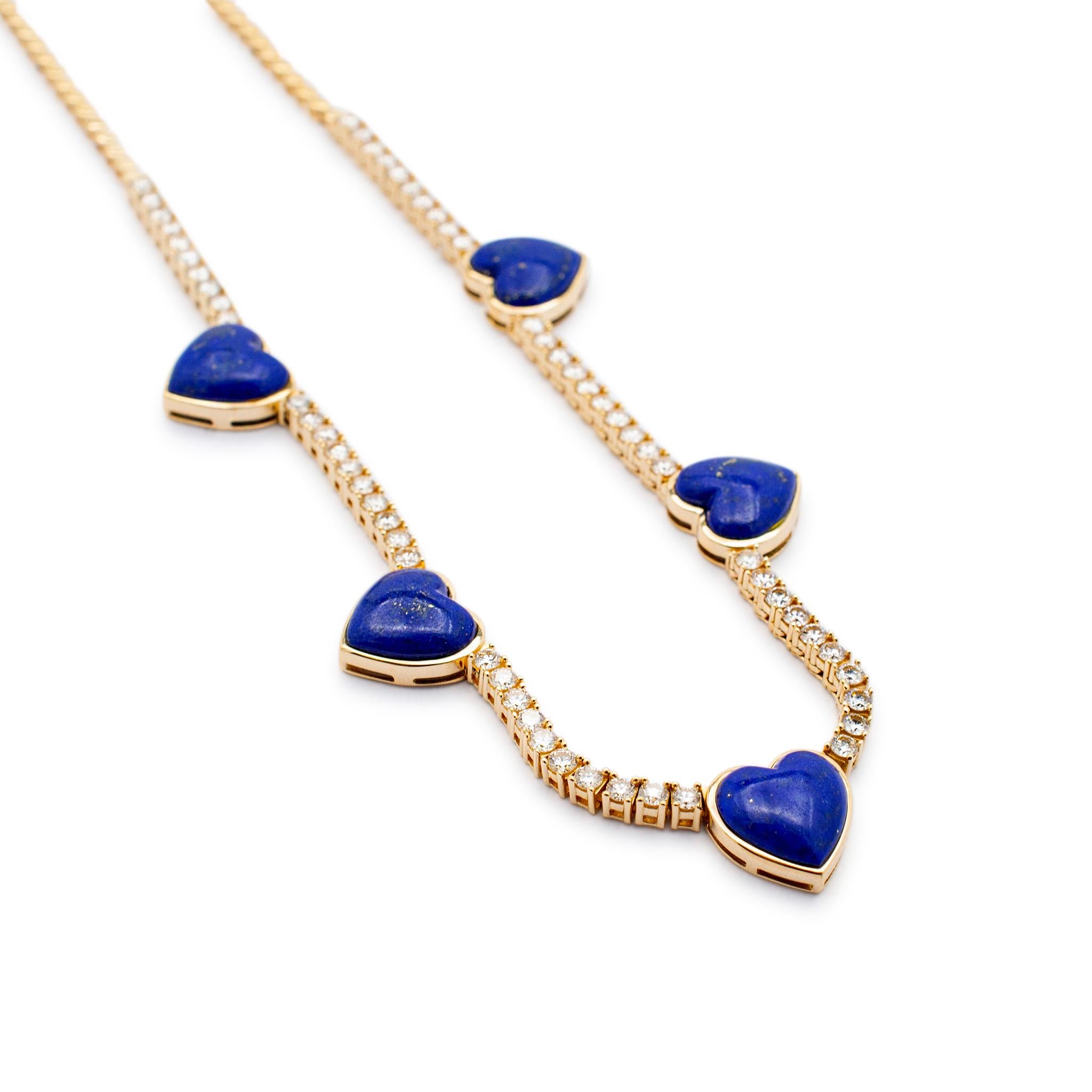 Gender: Ladies

Metal type: 14K Yellow Gold

Length: 17.50 inches

Weight: 19.92 grams

Ladies 14K yellow gold single strand, diamond and lapis lazuli contemporary-style station necklace. Engraved with 