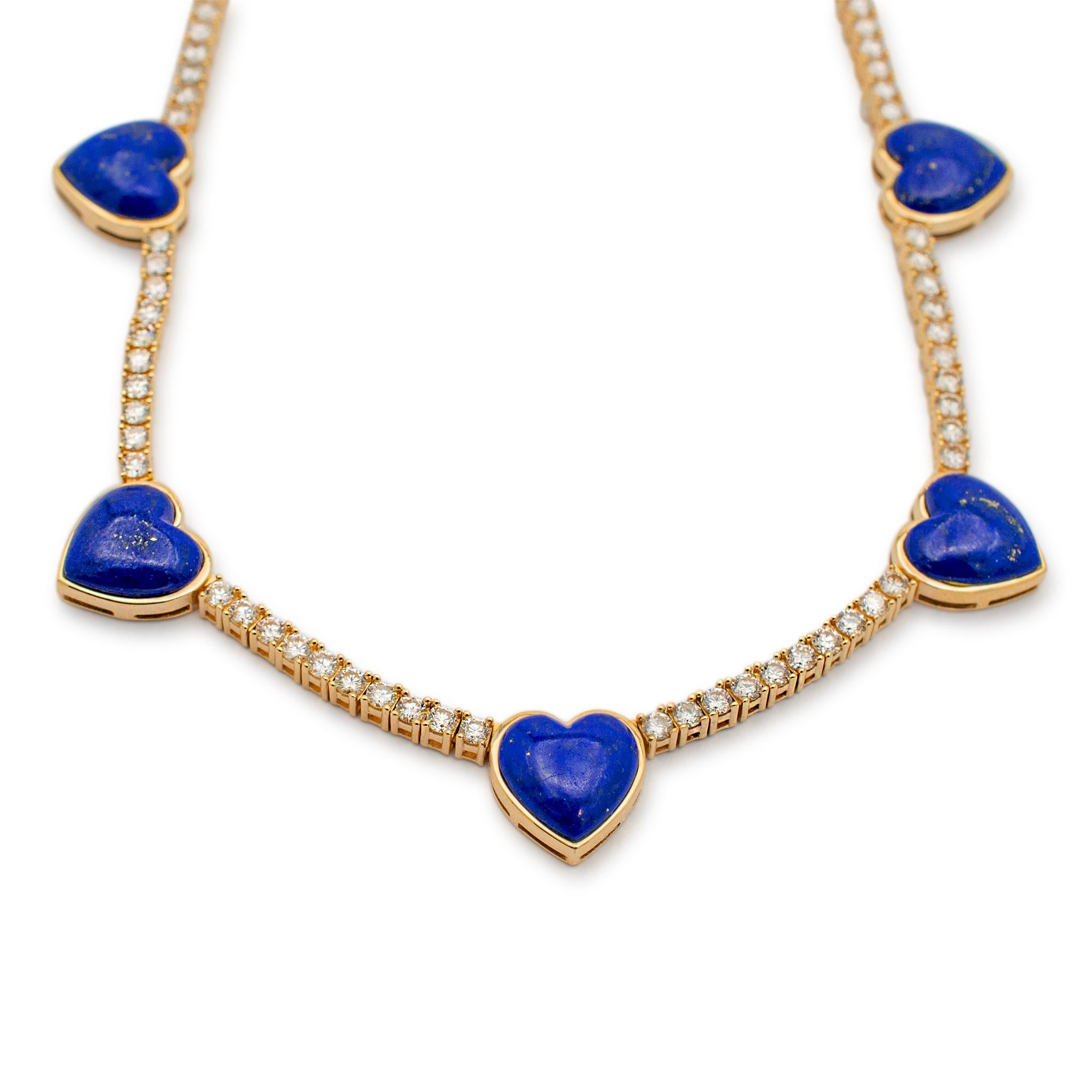 Round Cut Ladies 14K Yellow Gold Heart Lapis Lazuli Diamond Tennis Necklaces For Sale