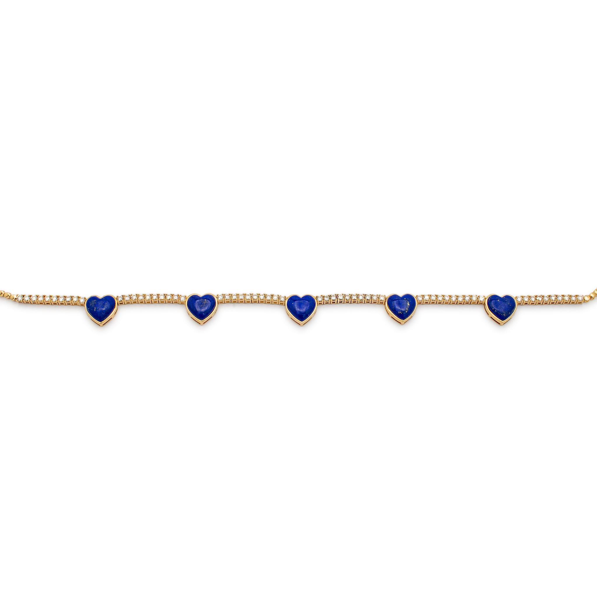 Ladies 14K Yellow Gold Heart Lapis Lazuli Diamond Tennis Necklaces In Excellent Condition For Sale In Houston, TX