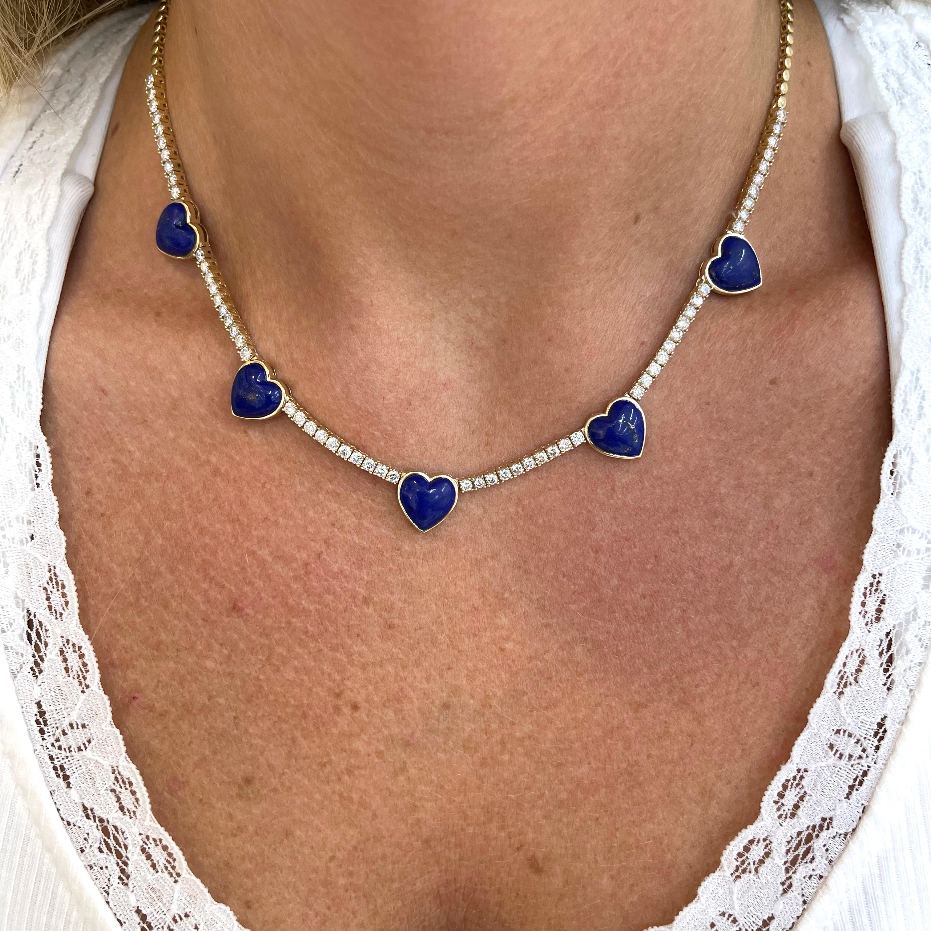 Ladies 14K Yellow Gold Heart Lapis Lazuli Diamond Tennis Necklaces For Sale 1