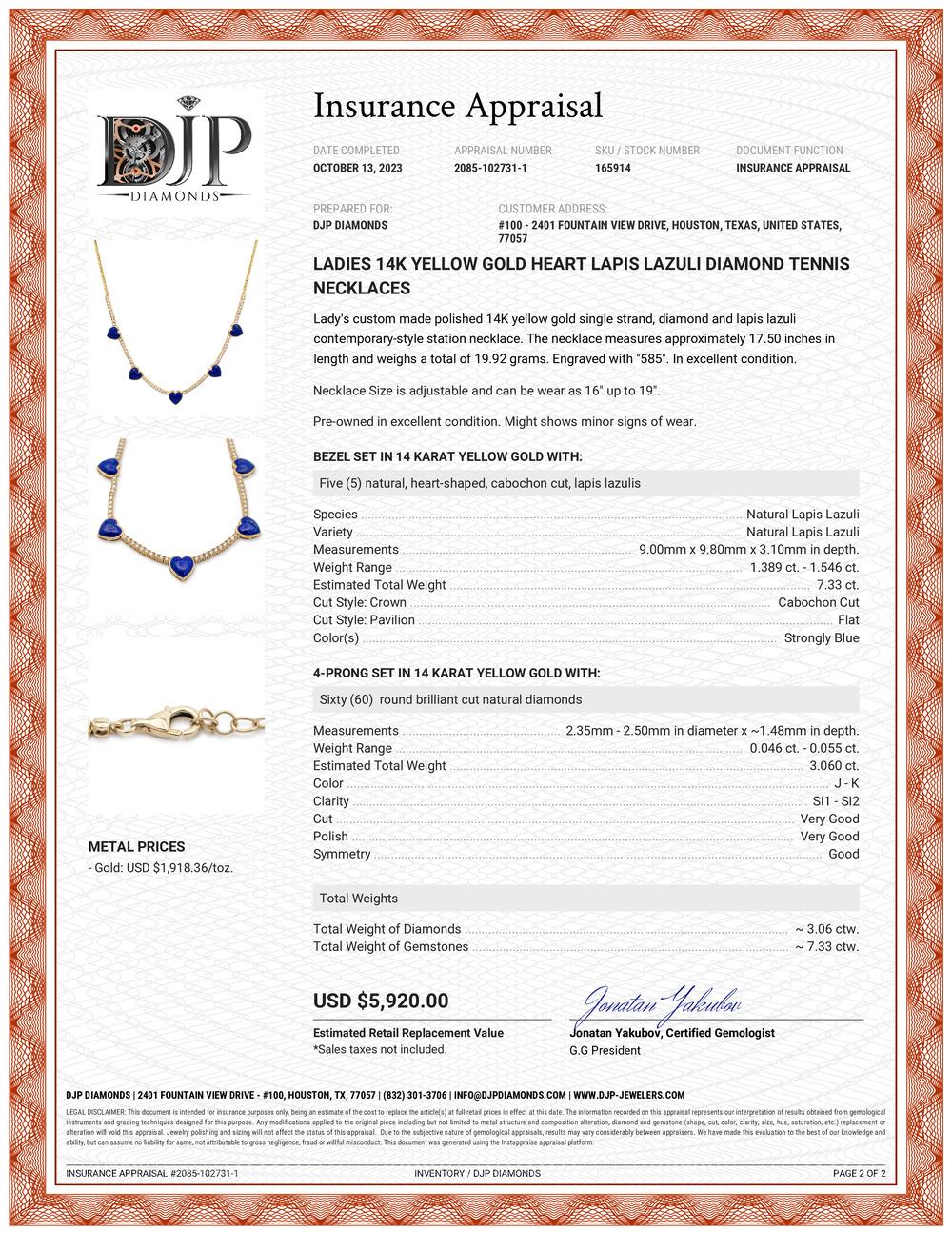Ladies 14K Yellow Gold Heart Lapis Lazuli Diamond Tennis Necklaces For Sale 2