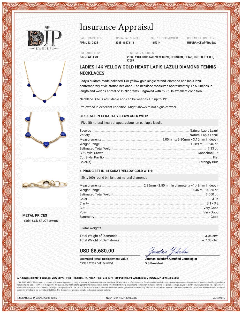 Damen-Tennis-Halsketten aus 14 Karat Gelbgold mit Herz und Lapislazuli und Diamant im Angebot 3