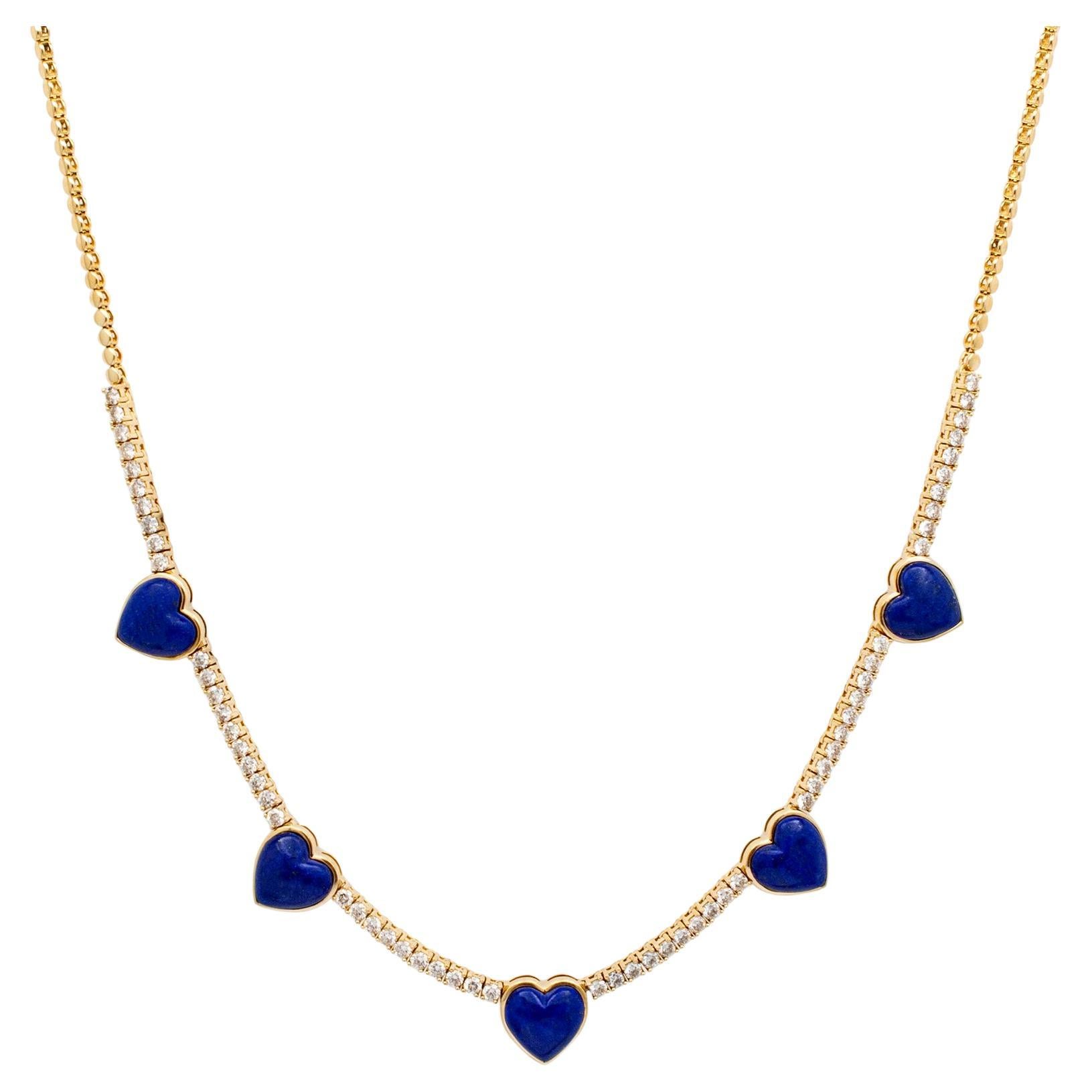 Ladies 14K Yellow Gold Heart Lapis Lazuli Diamond Tennis Necklaces For Sale
