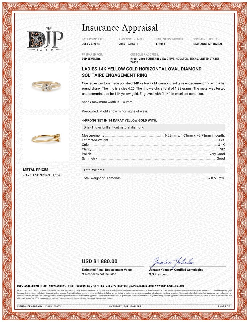 Ladies 14K Yellow Gold Horizontal Oval Diamond Solitaire Engagement Ring 3