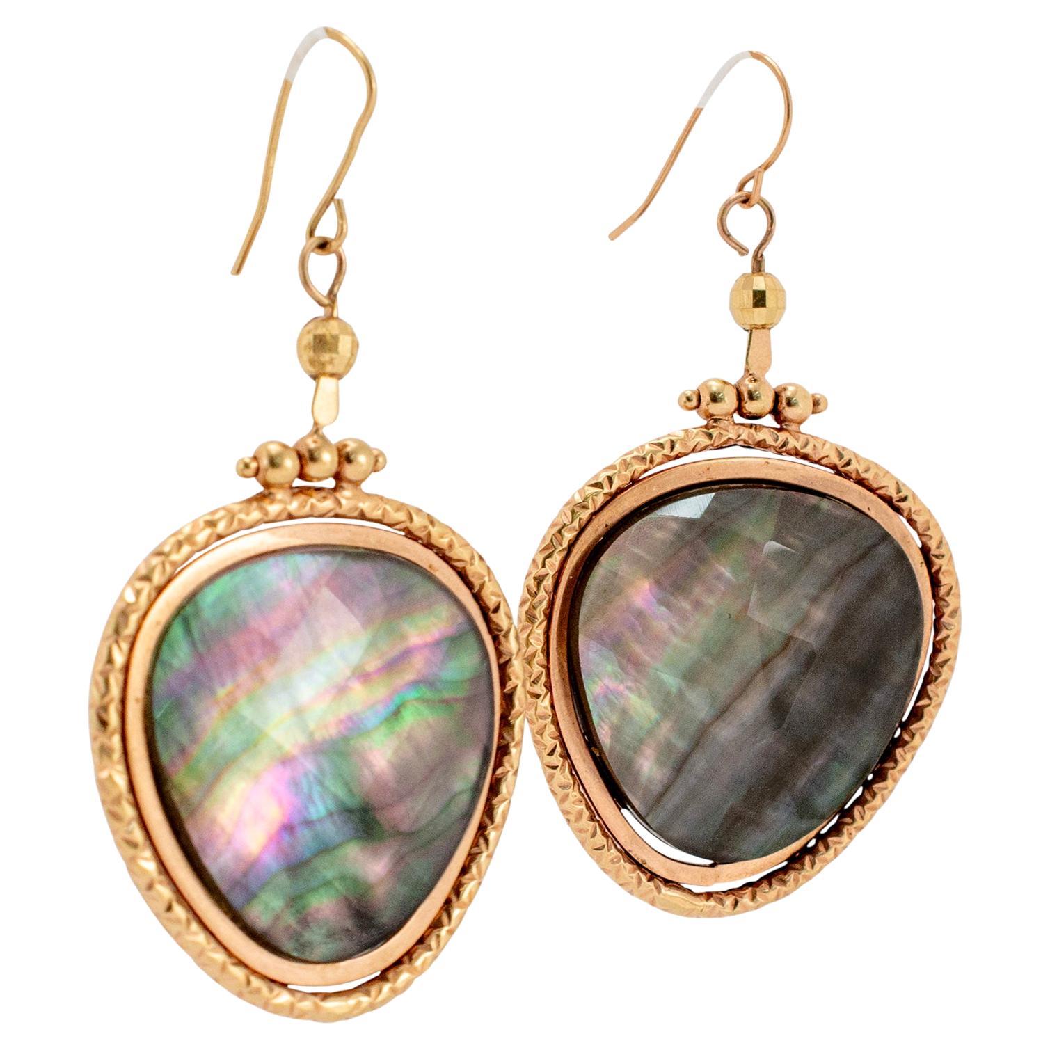 Ladies 14K Yellow Gold Labradorite Textured Drop Dangle Earrings