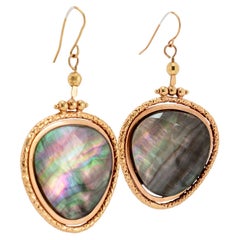 Ladies 14K Yellow Gold Labradorite Textured Drop Dangle Earrings