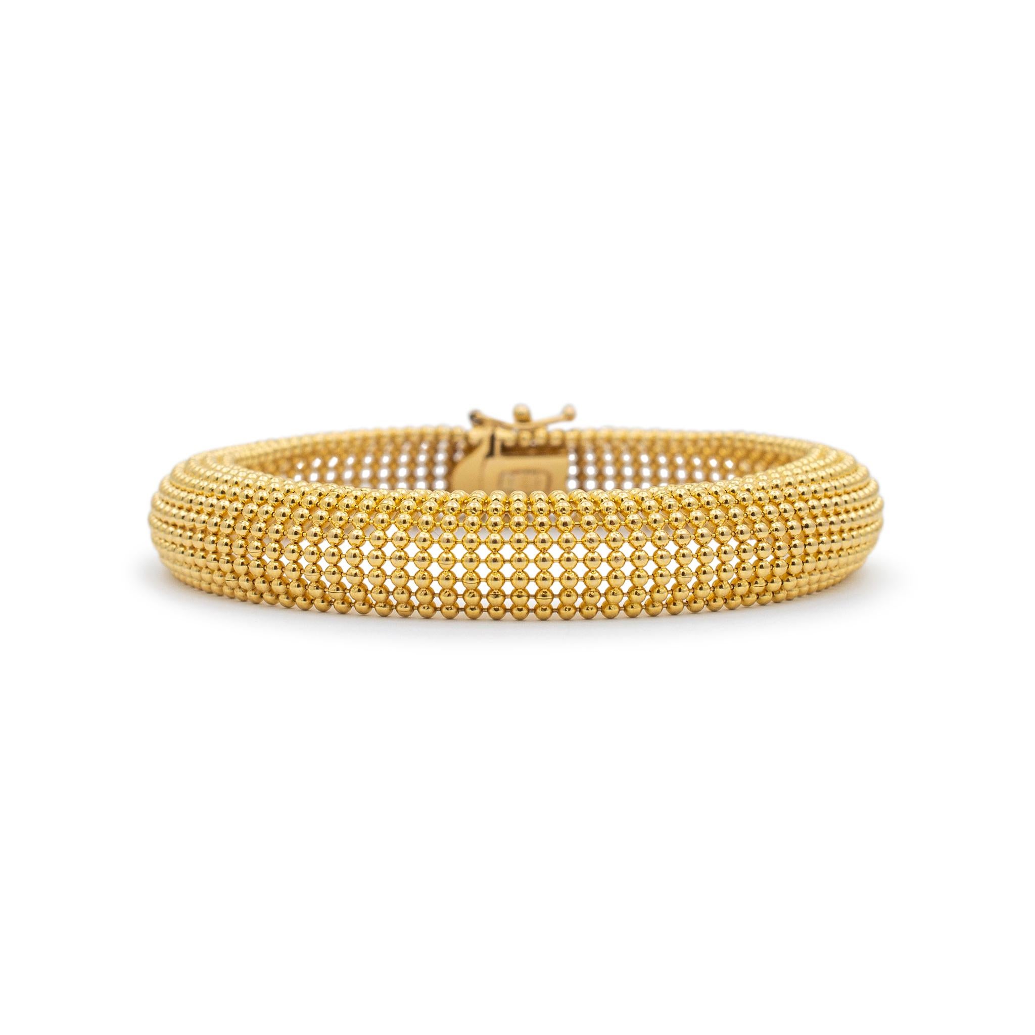 Gender: Ladies

Material: 14K Yellow Gold

Length: 7.50 inches

Width: 10.80 mm

Weight: 17.40 grams

Ladies 14K yellow gold mesh link bracelet. Engraved with 