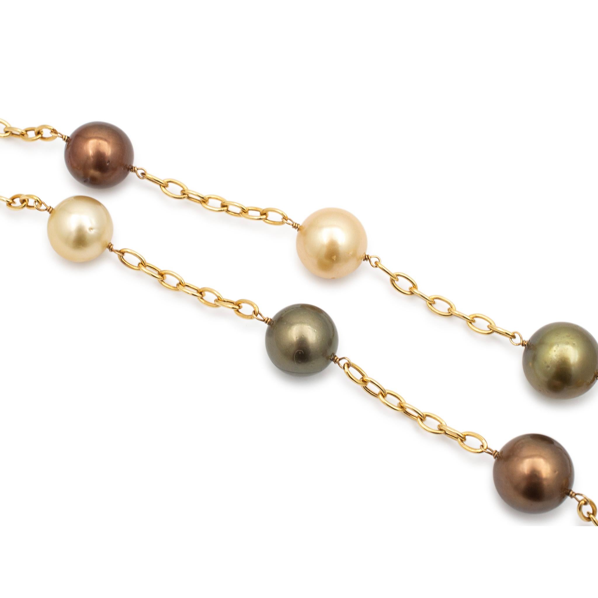 Ladies 14K Yellow Gold Multi Color Pearl Bead Chain Necklace In Excellent Condition For Sale In Houston, TX