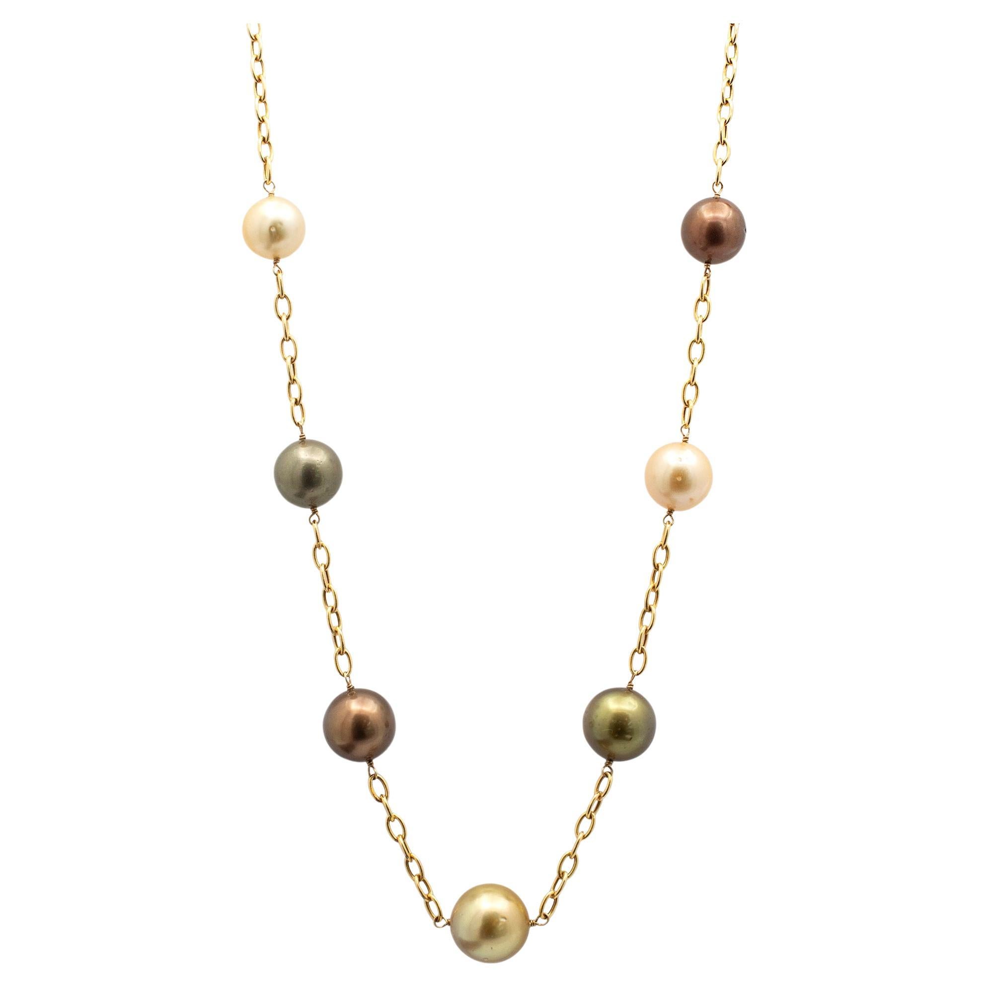 Ladies 14K Yellow Gold Multi Color Pearl Bead Chain Necklace For Sale