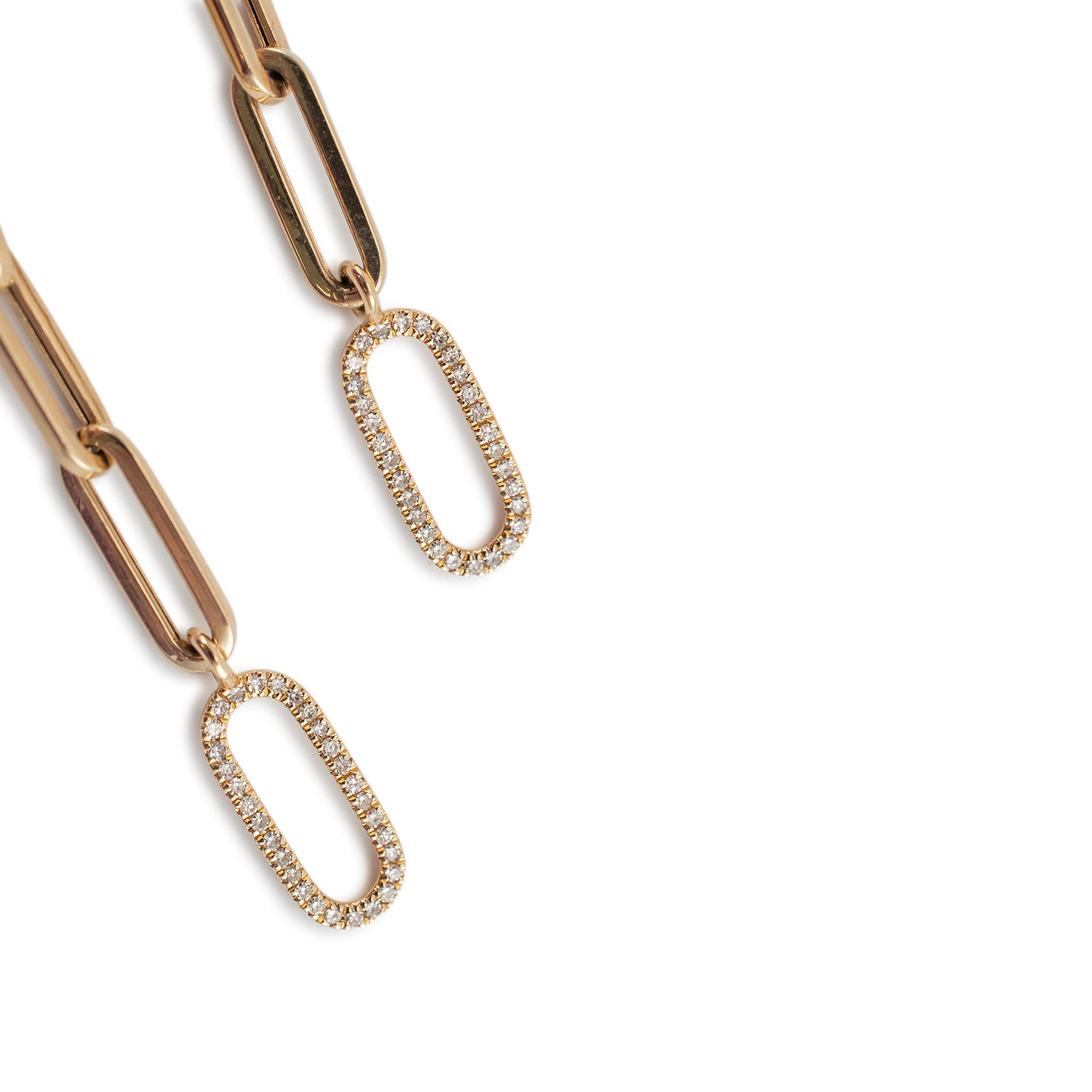 Ladies 14K Yellow Gold Oval Link Paper Clip Diamond Drop Dangle Earrings Excellent état - En vente à Houston, TX
