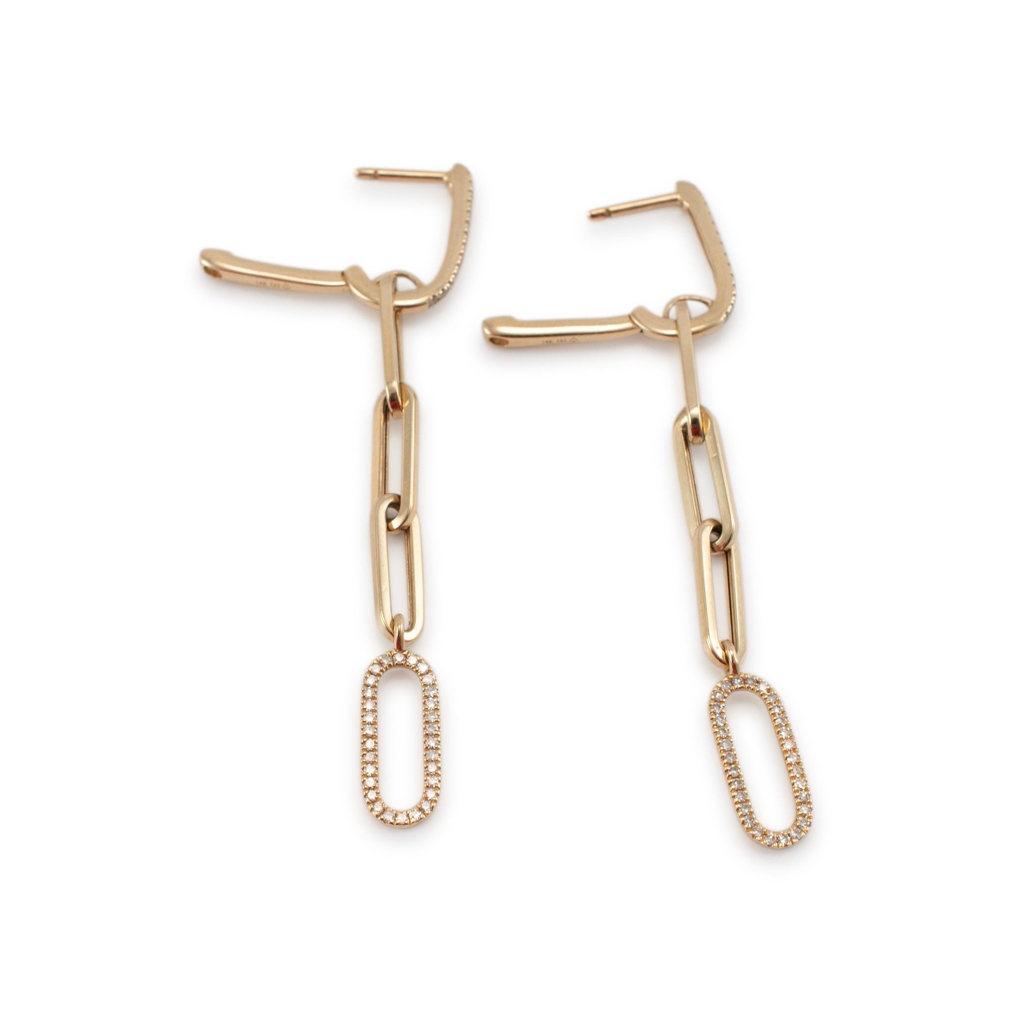 Ladies 14K Yellow Gold Oval Link Paper Clip Diamond Drop Dangle Earrings Pour femmes en vente