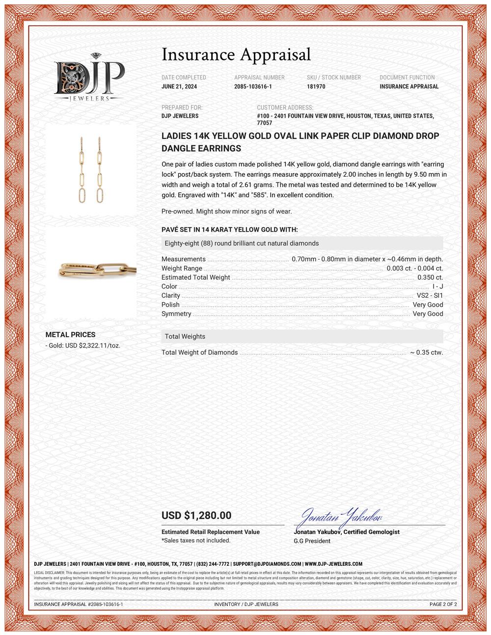 Ladies 14K Yellow Gold Oval Link Paper Clip Diamond Drop Dangle Earrings en vente 1