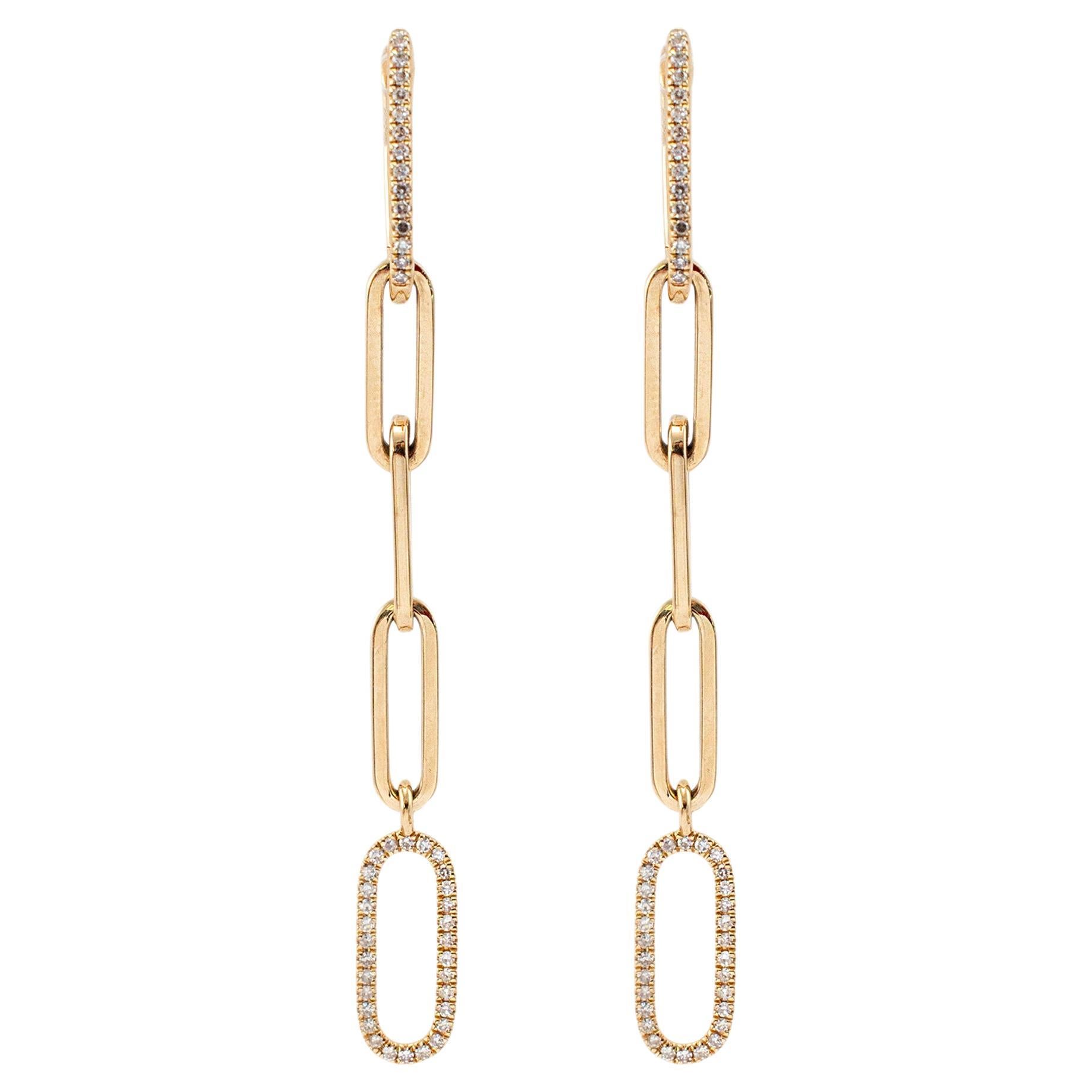 Ladies 14K Yellow Gold Oval Link Paper Clip Diamond Drop Dangle Earrings