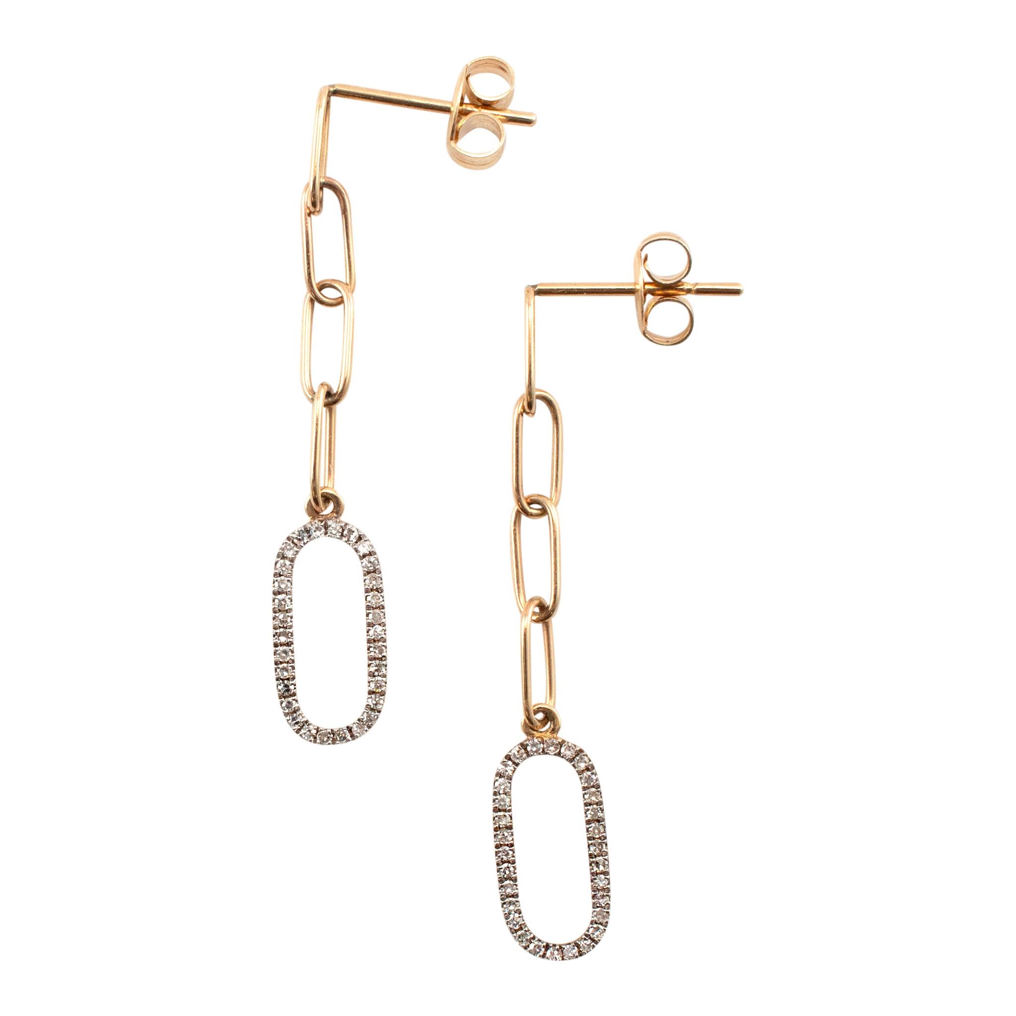 Taglio rotondo Orecchini da donna in oro giallo 14K A Link Oval Paper Clip Pave Diamond Dangle in vendita