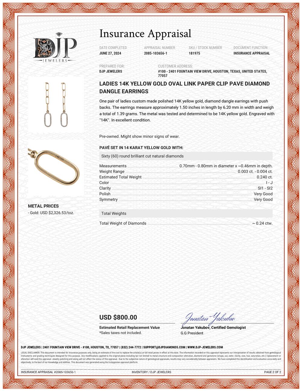Orecchini da donna in oro giallo 14K A Link Oval Paper Clip Pave Diamond Dangle in vendita 2