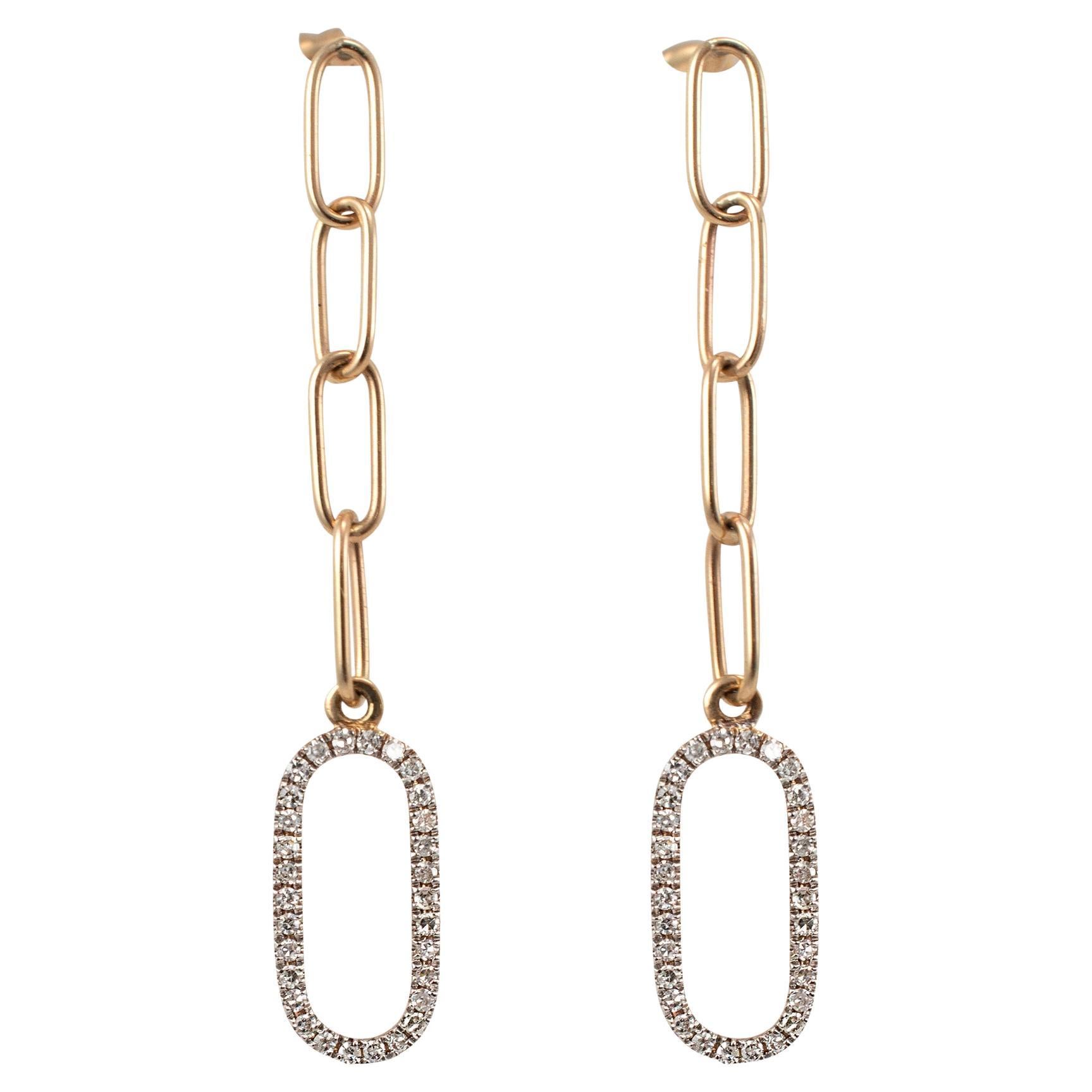Orecchini da donna in oro giallo 14K A Link Oval Paper Clip Pave Diamond Dangle