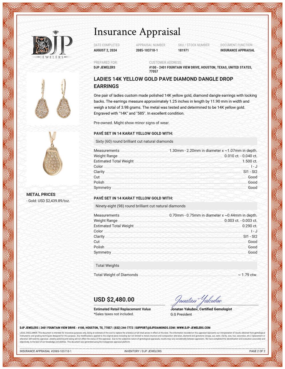 Damen 14K Gelbgold Pavé-Diamant-Tropfen-Ohrringe mit Tropfen 2
