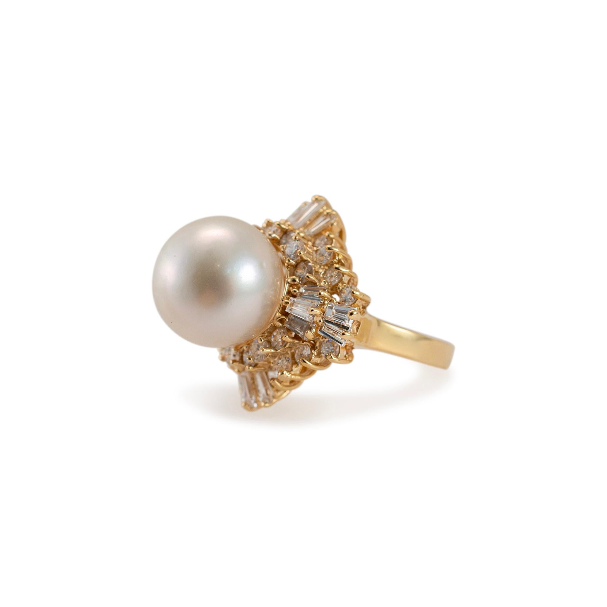 Round Cut Ladies 14K Yellow Gold Pearl Double Halo Baguette & Round Diamond Cocktail Ring For Sale