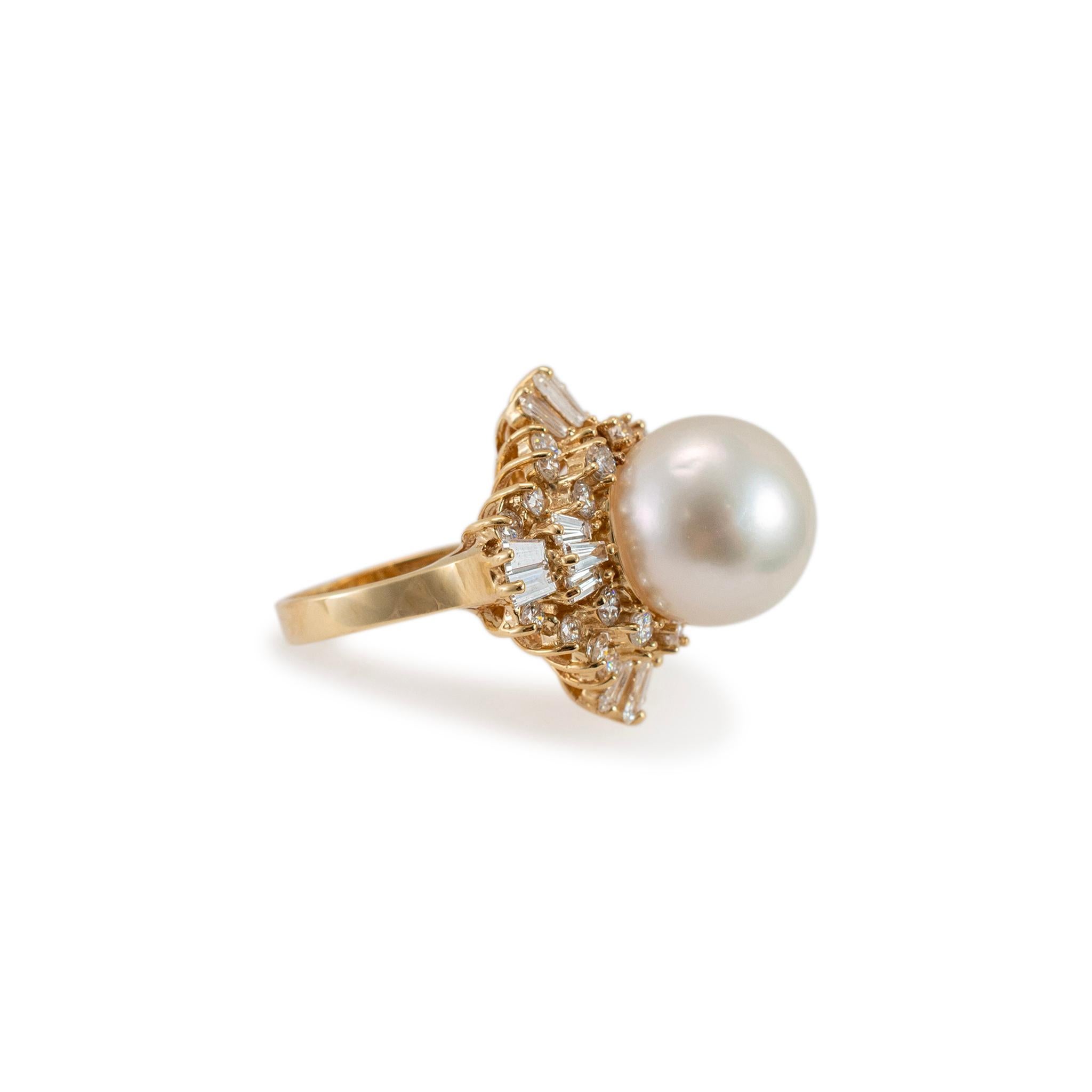 Ladies 14K Yellow Gold Pearl Double Halo Baguette & Round Diamond Cocktail Ring In Excellent Condition For Sale In Houston, TX
