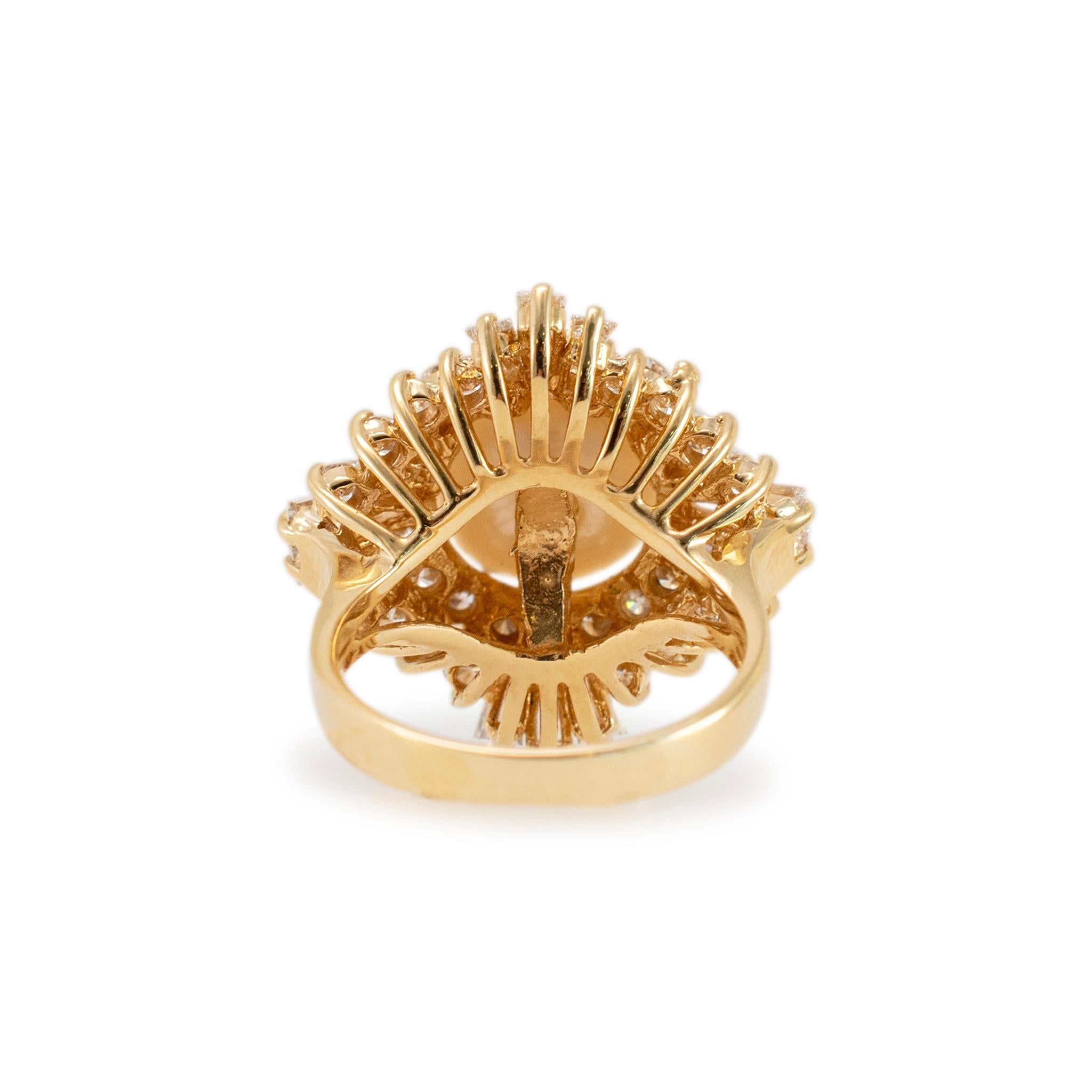 Women's Ladies 14K Yellow Gold Pearl Double Halo Baguette & Round Diamond Cocktail Ring For Sale