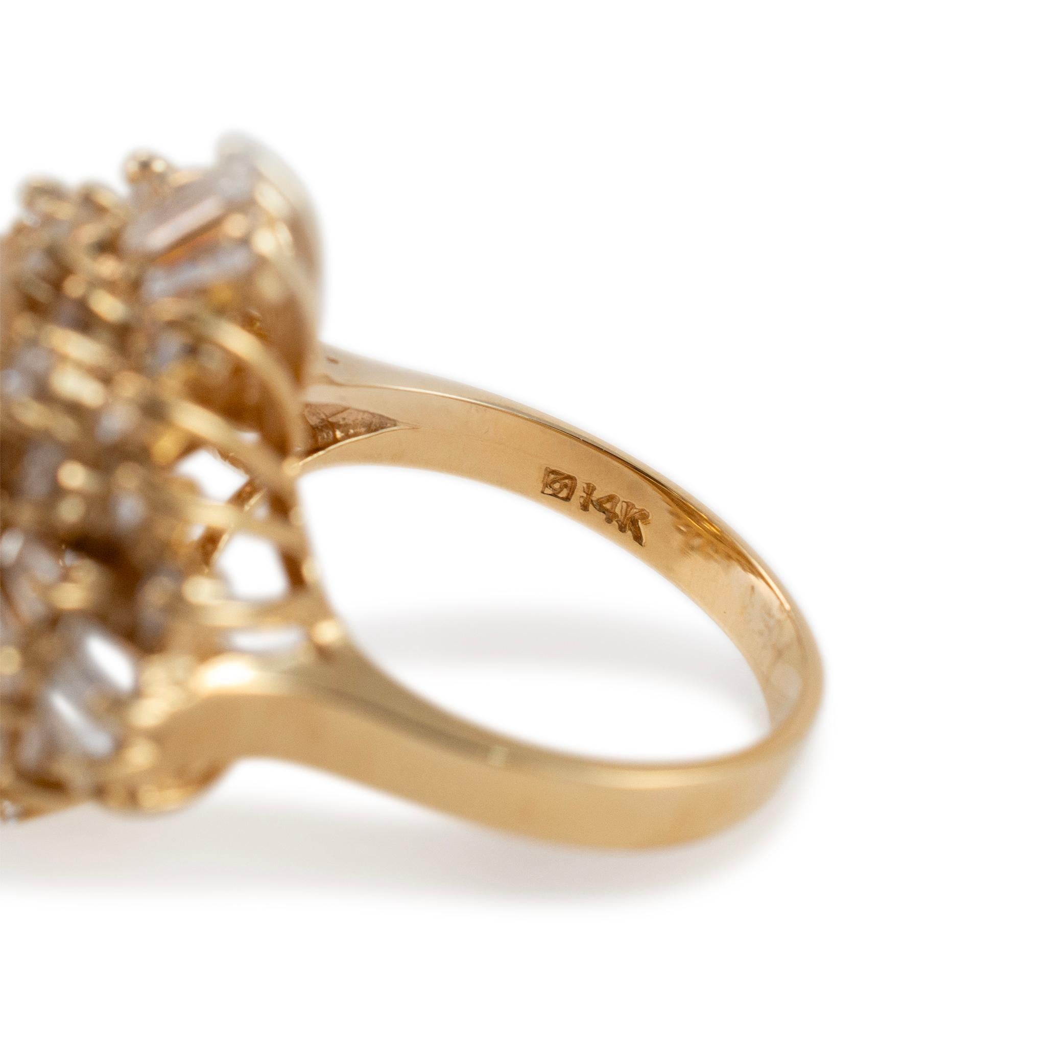Ladies 14K Yellow Gold Pearl Double Halo Baguette & Round Diamond Cocktail Ring For Sale 1