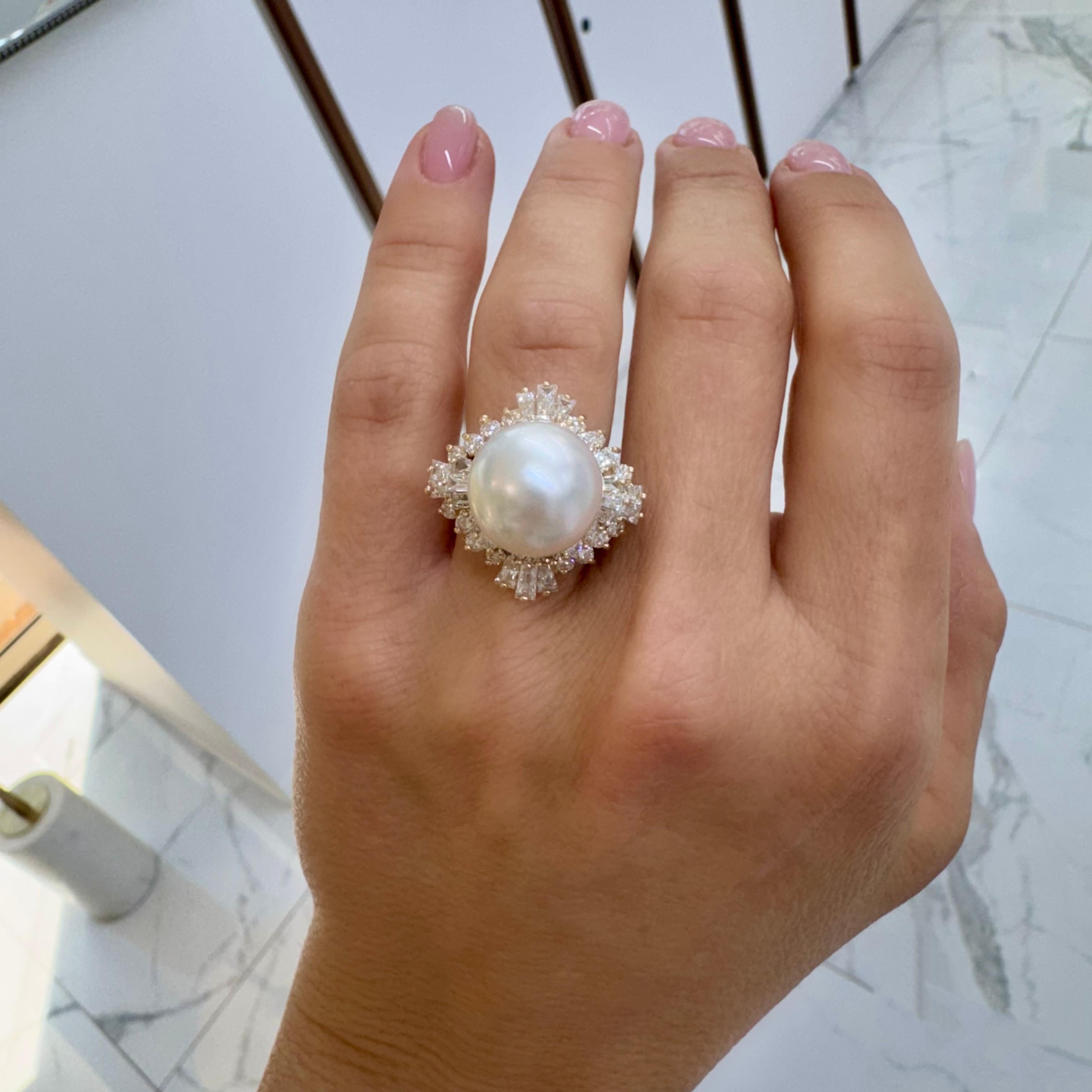 Ladies 14K Yellow Gold Pearl Double Halo Baguette & Round Diamond Cocktail Ring For Sale 2