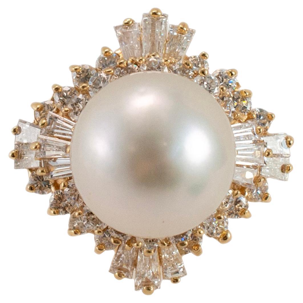 Ladies 14K Yellow Gold Pearl Double Halo Baguette & Round Diamond Cocktail Ring