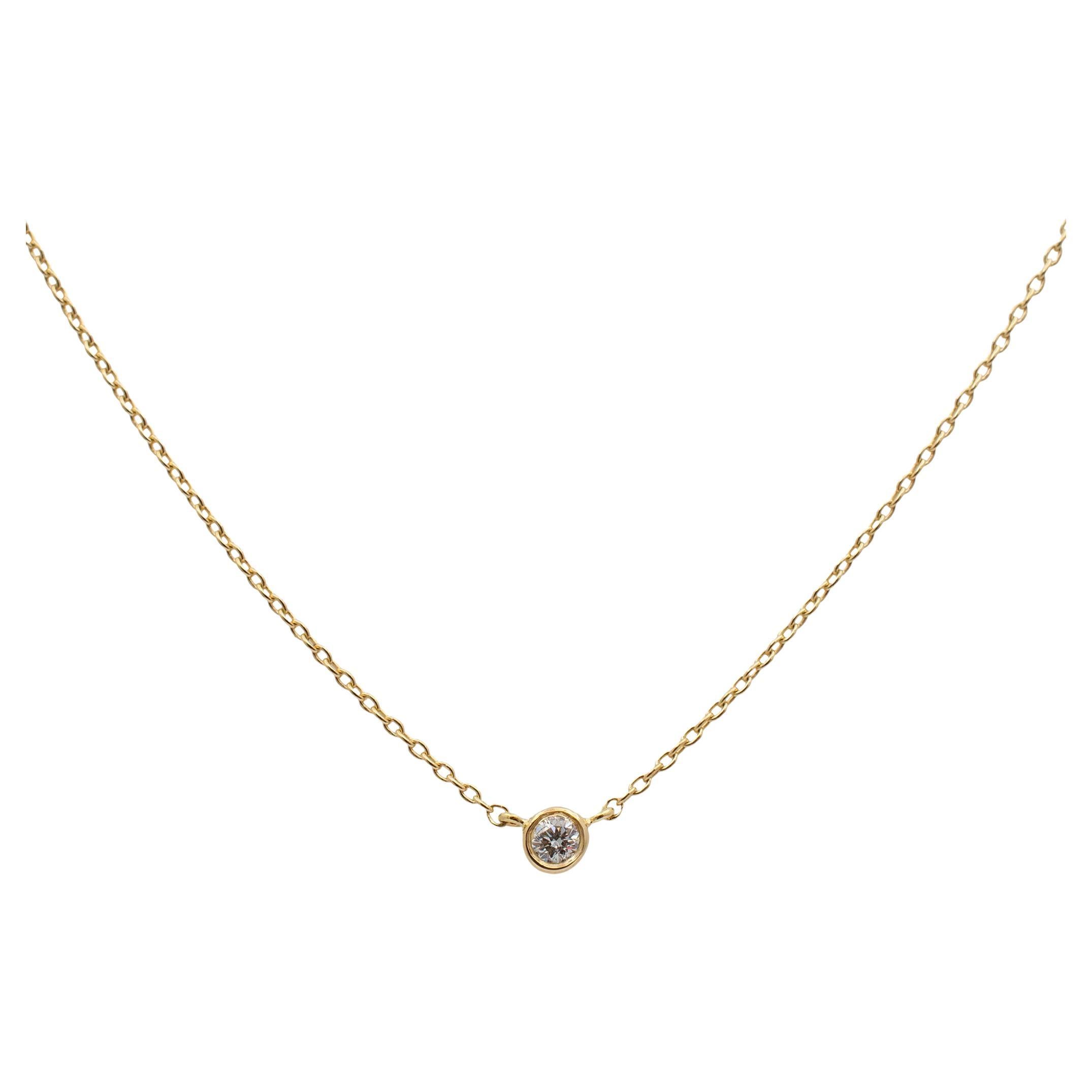 Ladies 14K Yellow Gold Petite Diamond Bezel Pendant Necklace For Sale
