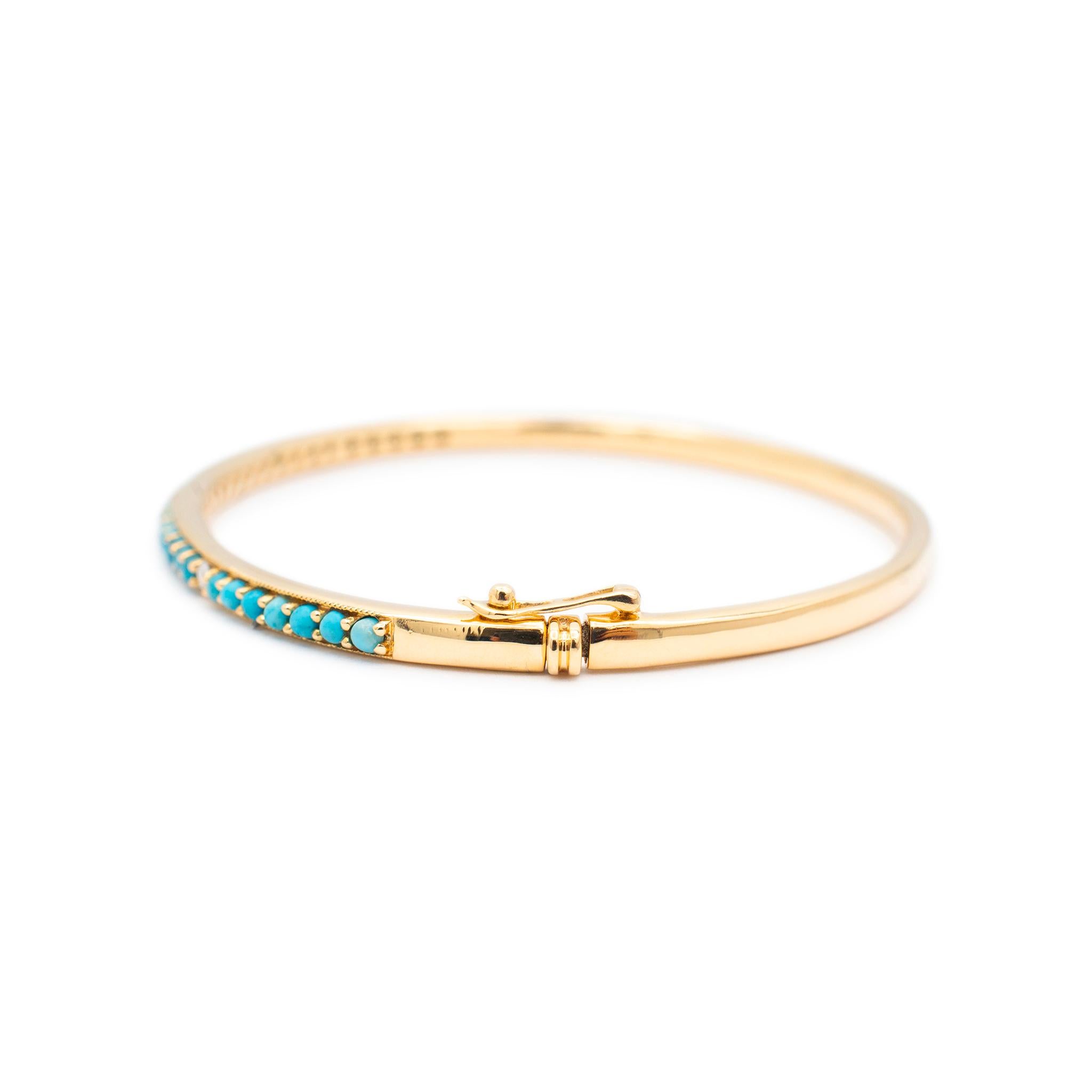 Gender: Ladies

Metal Type: 14K Yellow Gold

Length: 6.00 inches

Width: 2.90 mm

Weight: 11.03 grams

Ladies  14K yellow gold diamond and turquoise bangle bracelet. The metal was tested and determined to be 14K yellow gold. Engraved with 
