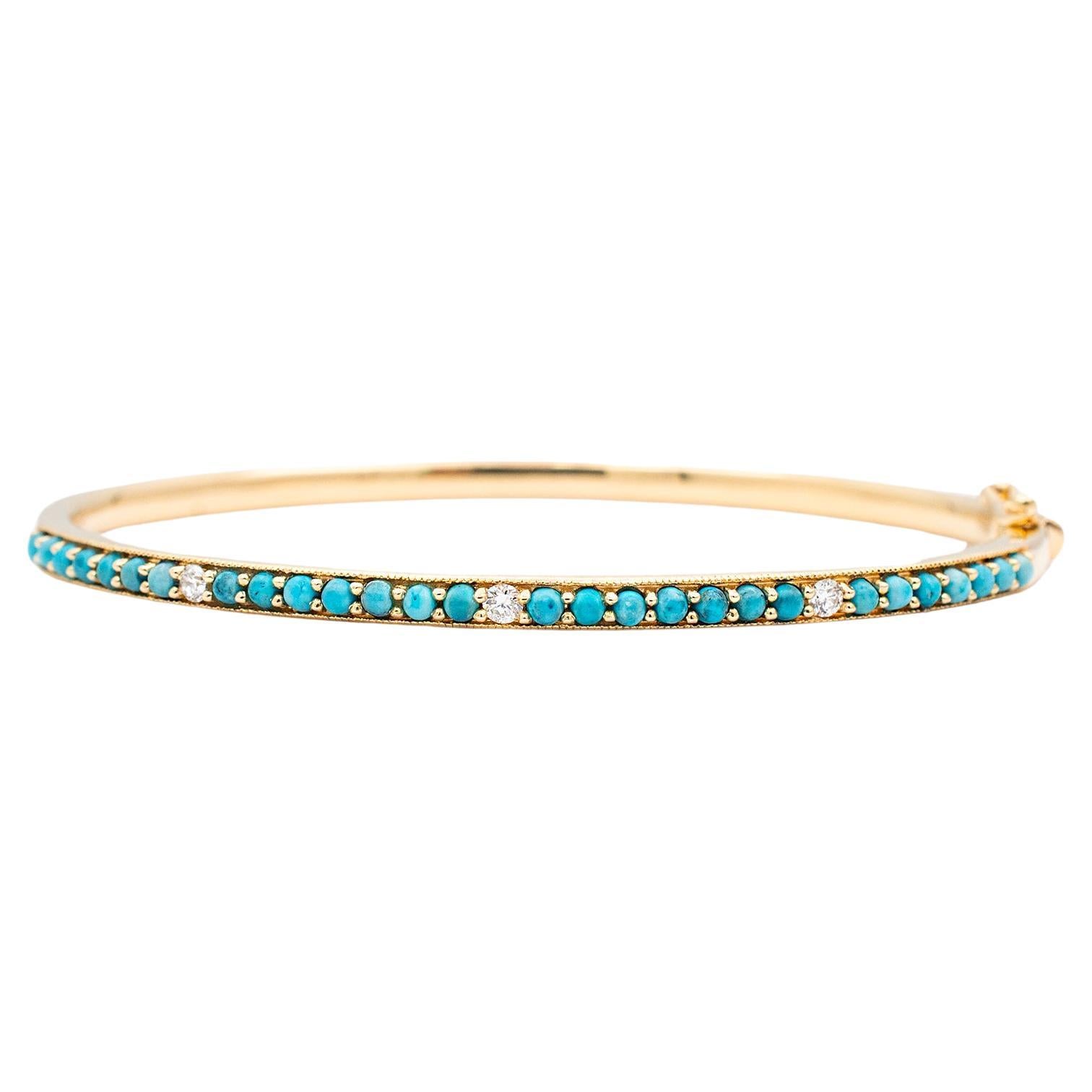 Ladies 14K Yellow Gold Round Turquoise & Diamond Bangle Bracelet For Sale