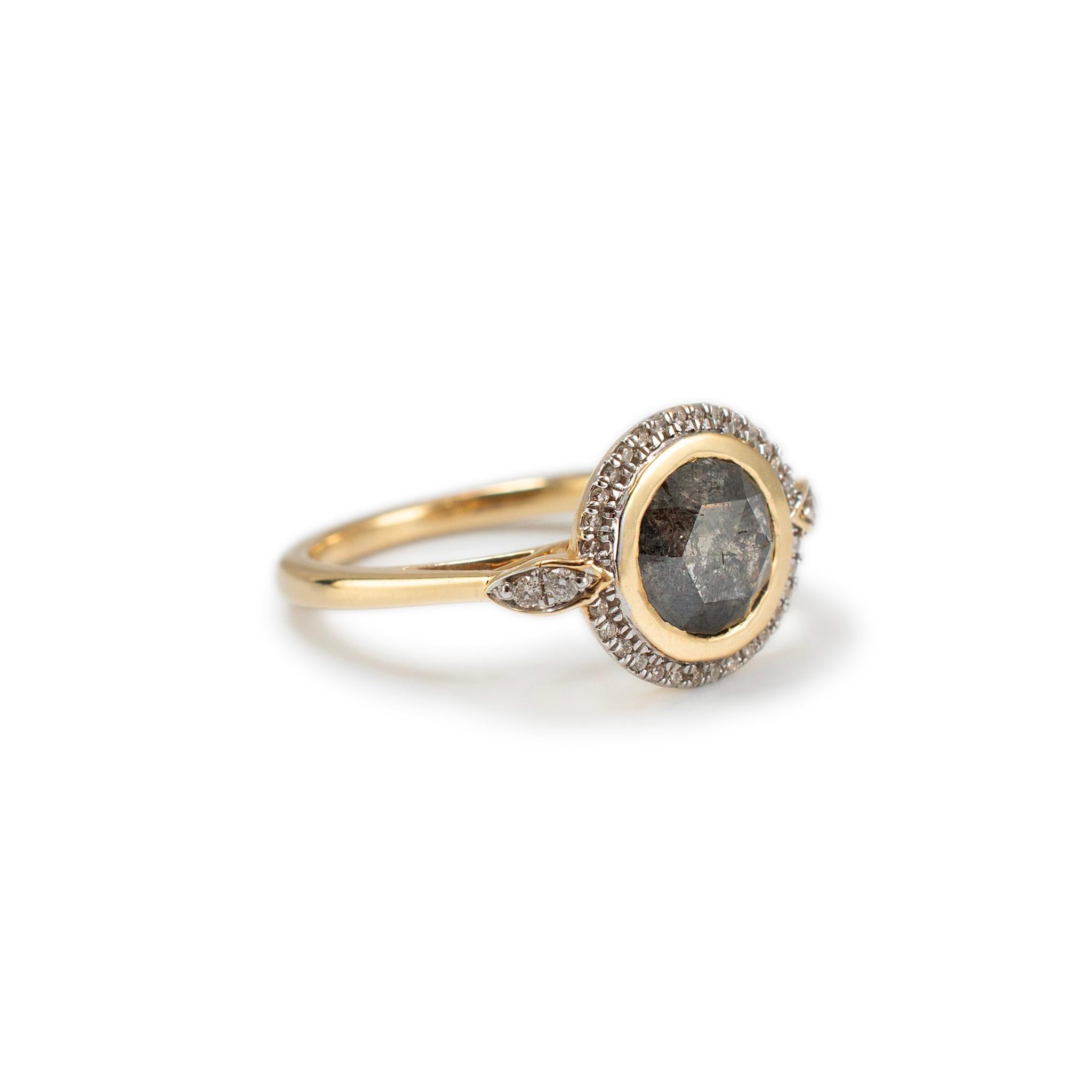 Ladies 14K Yellow Gold Salt & Pepper Diamond Halo Cocktail Ring In Excellent Condition In Houston, TX