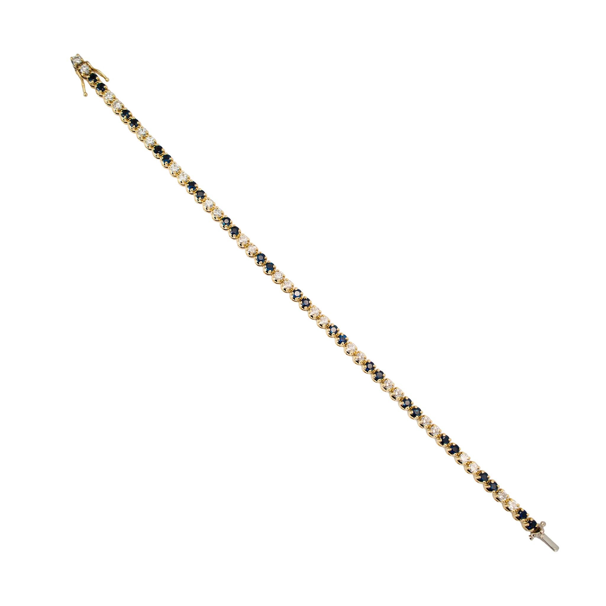 Taglio rotondo Bracciale tennis alternato da donna in oro giallo 14K con zaffiro e diamante in vendita
