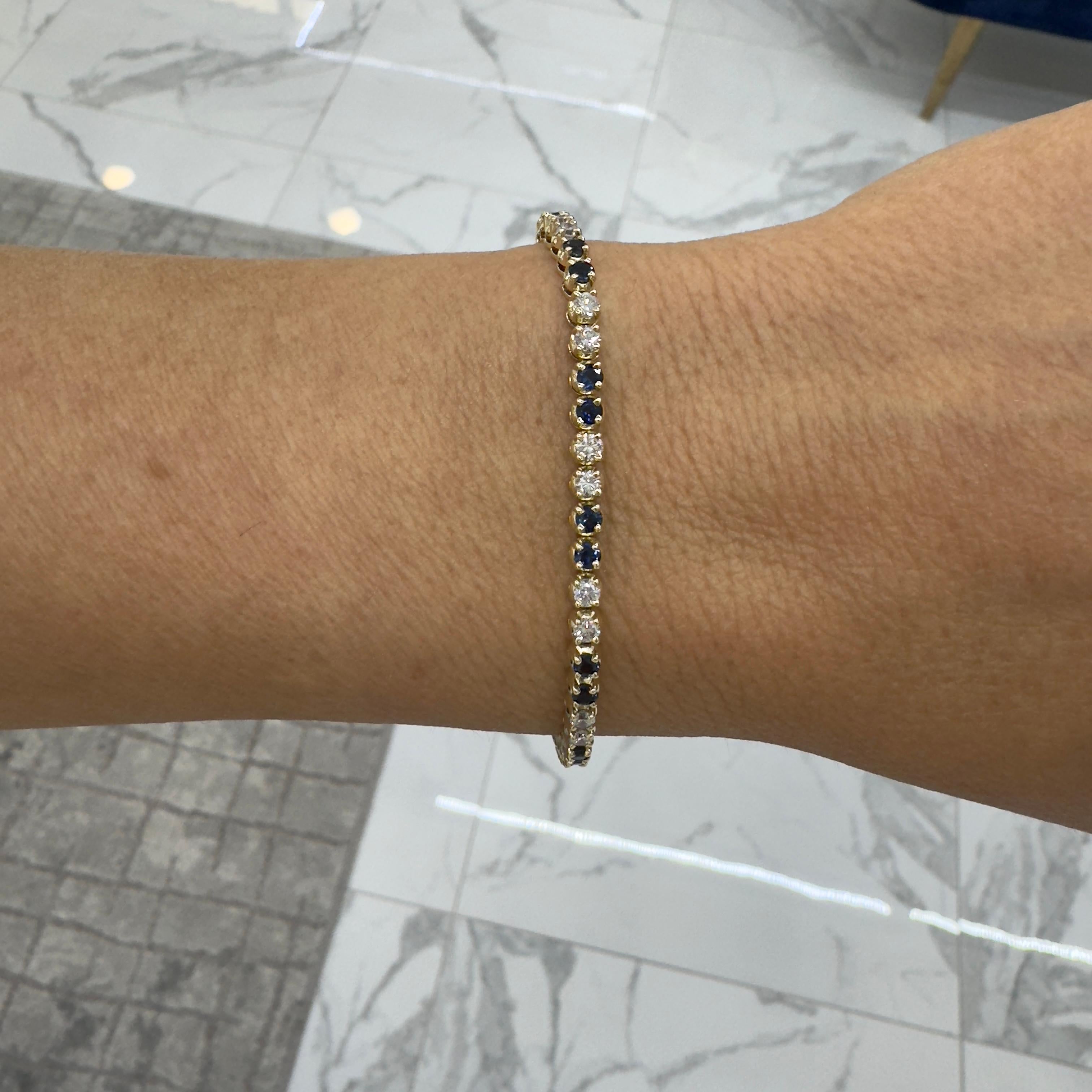 Bracciale tennis alternato da donna in oro giallo 14K con zaffiro e diamante in vendita 3