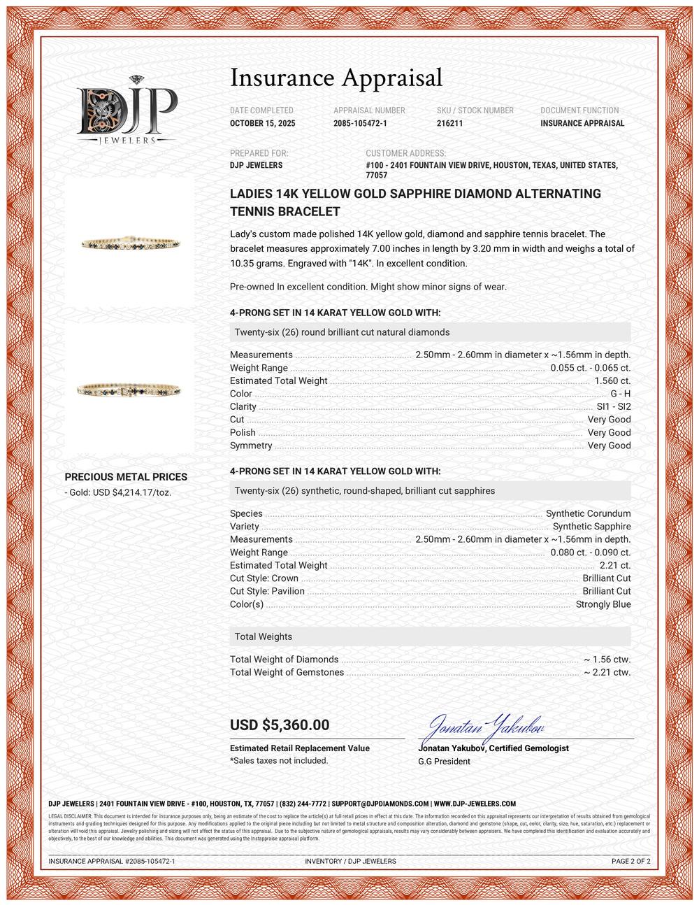 Bracciale tennis alternato da donna in oro giallo 14K con zaffiro e diamante in vendita 4