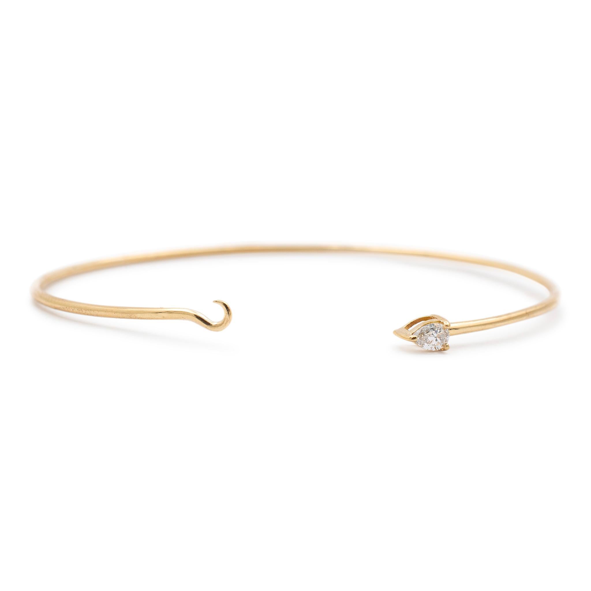 Pear Cut Ladies 14K Yellow Gold Single Diamond Pear Shape Clasp Bangle Bracelet For Sale