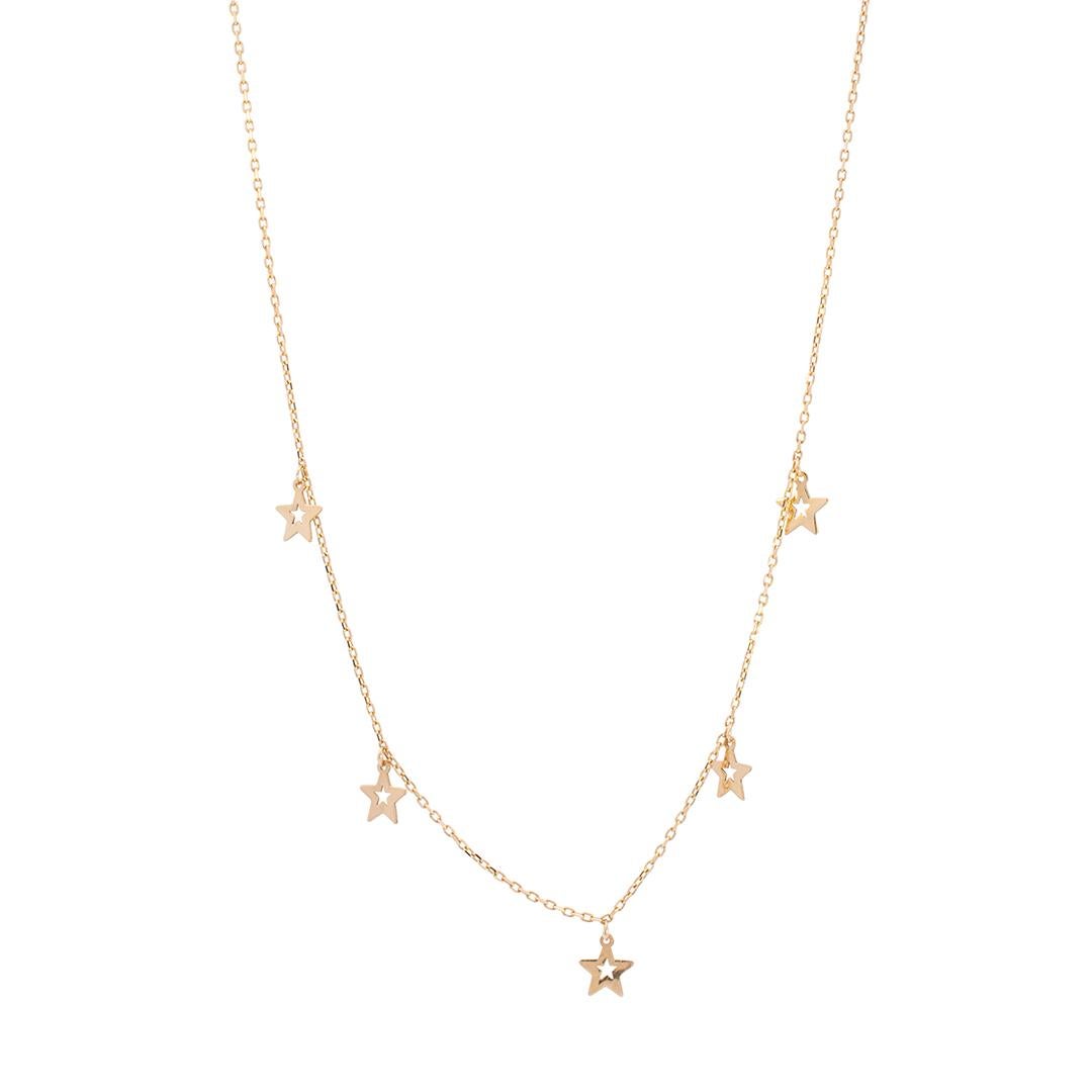 Gender: Ladies

Metal Type: 14K Yellow Gold

Length: 17.00 inches

Width: 1.00mm

Diameter of Stars: 6.95mm

Weight: 2.28 grams
Ladies 14K yellow gold single strand collar necklace. Engraved with 