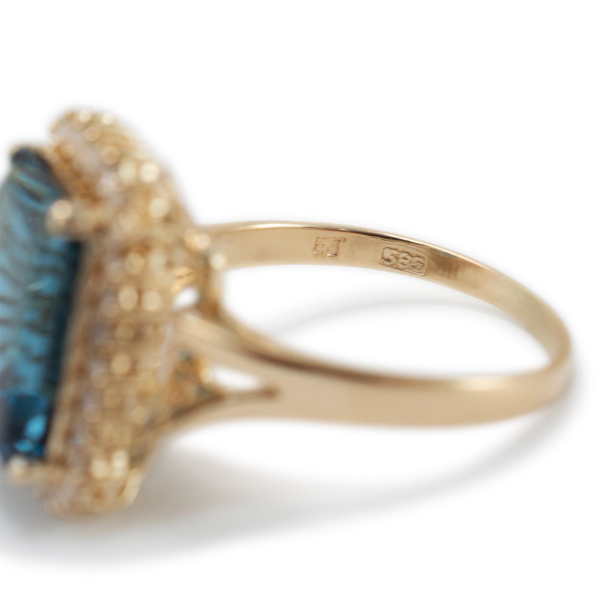 Anillo de cóctel de diamantes con halo de topacio en oro amarillo de 14 quilates para señora en venta 2