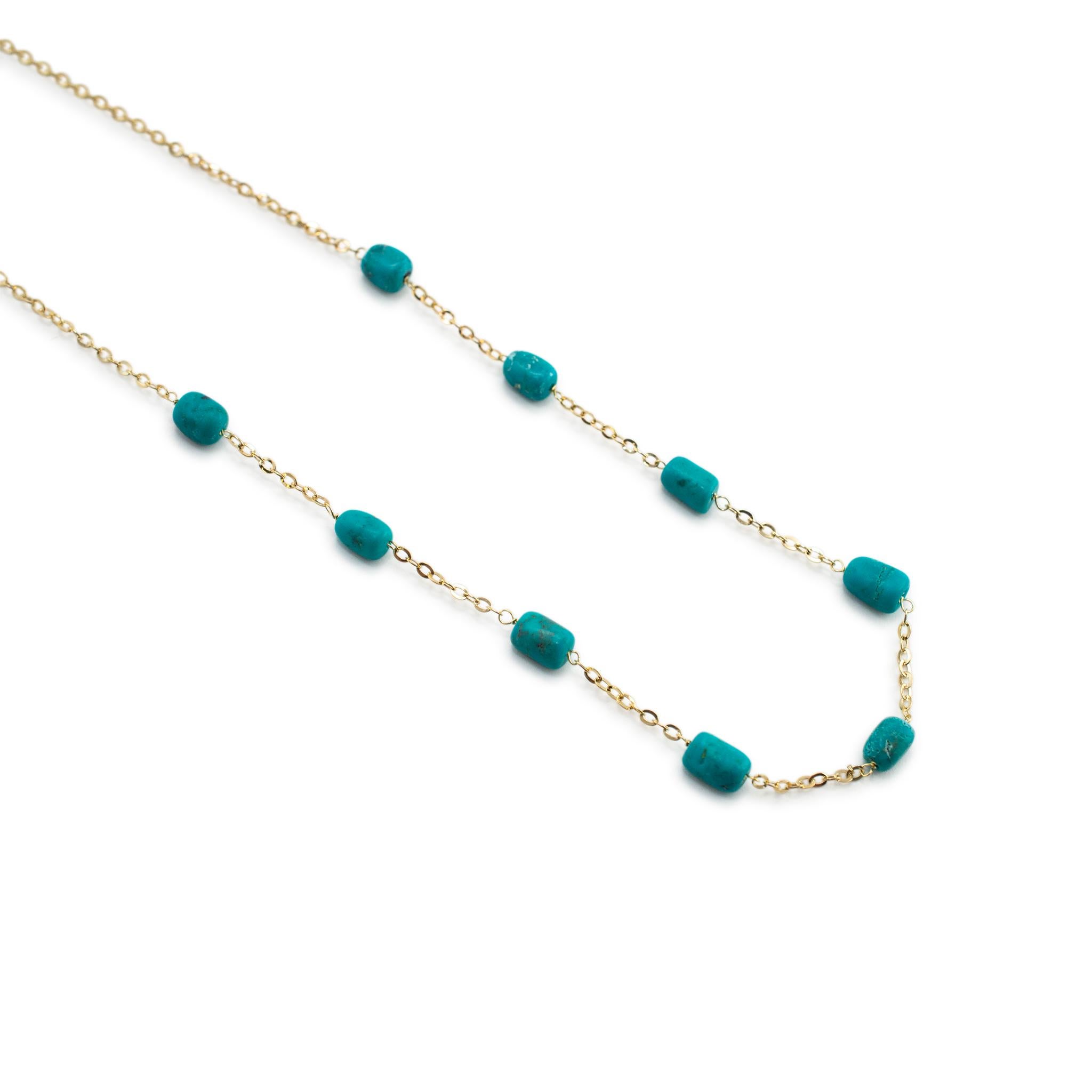 Taglio misto Ladies 14K Yellow Gold Turquoise Station Chain Necklace in vendita