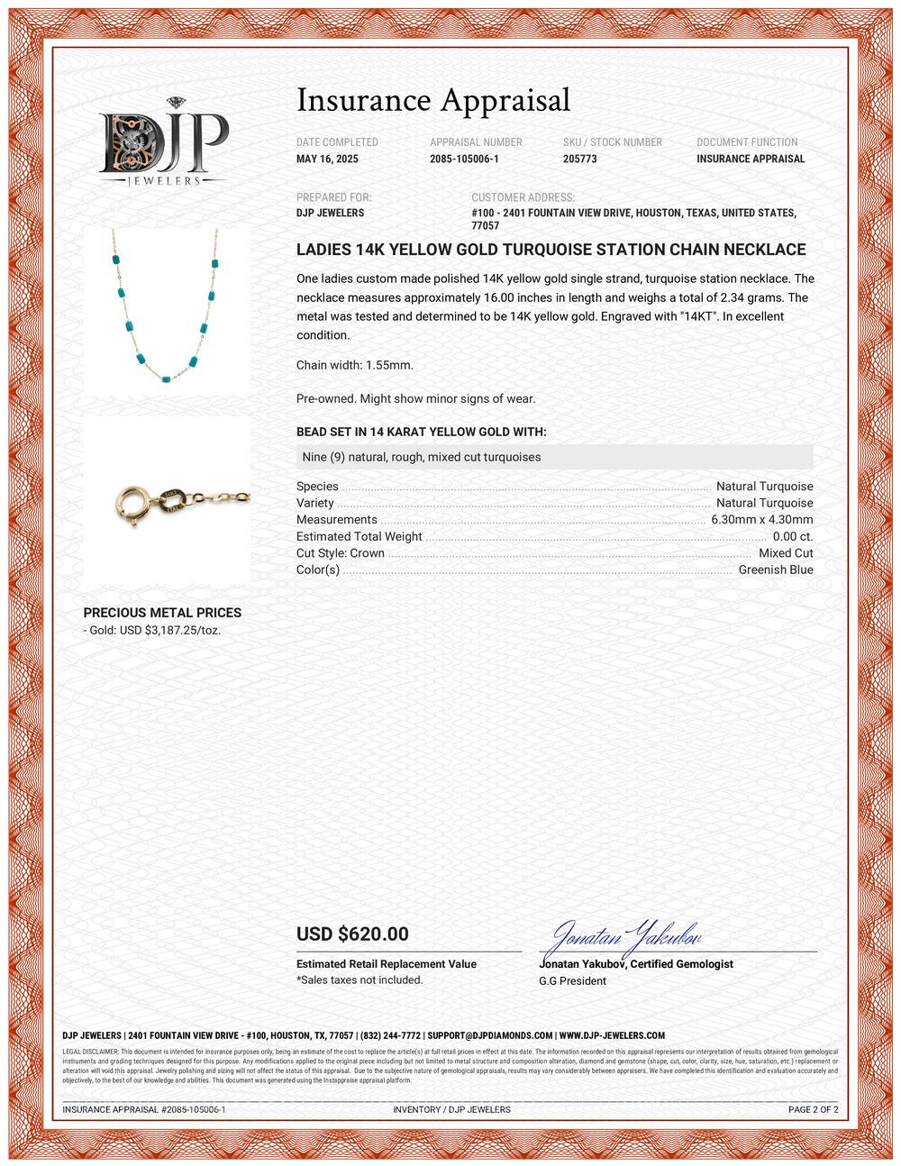 Ladies 14K Yellow Gold Turquoise Station Chain Necklace in vendita 2