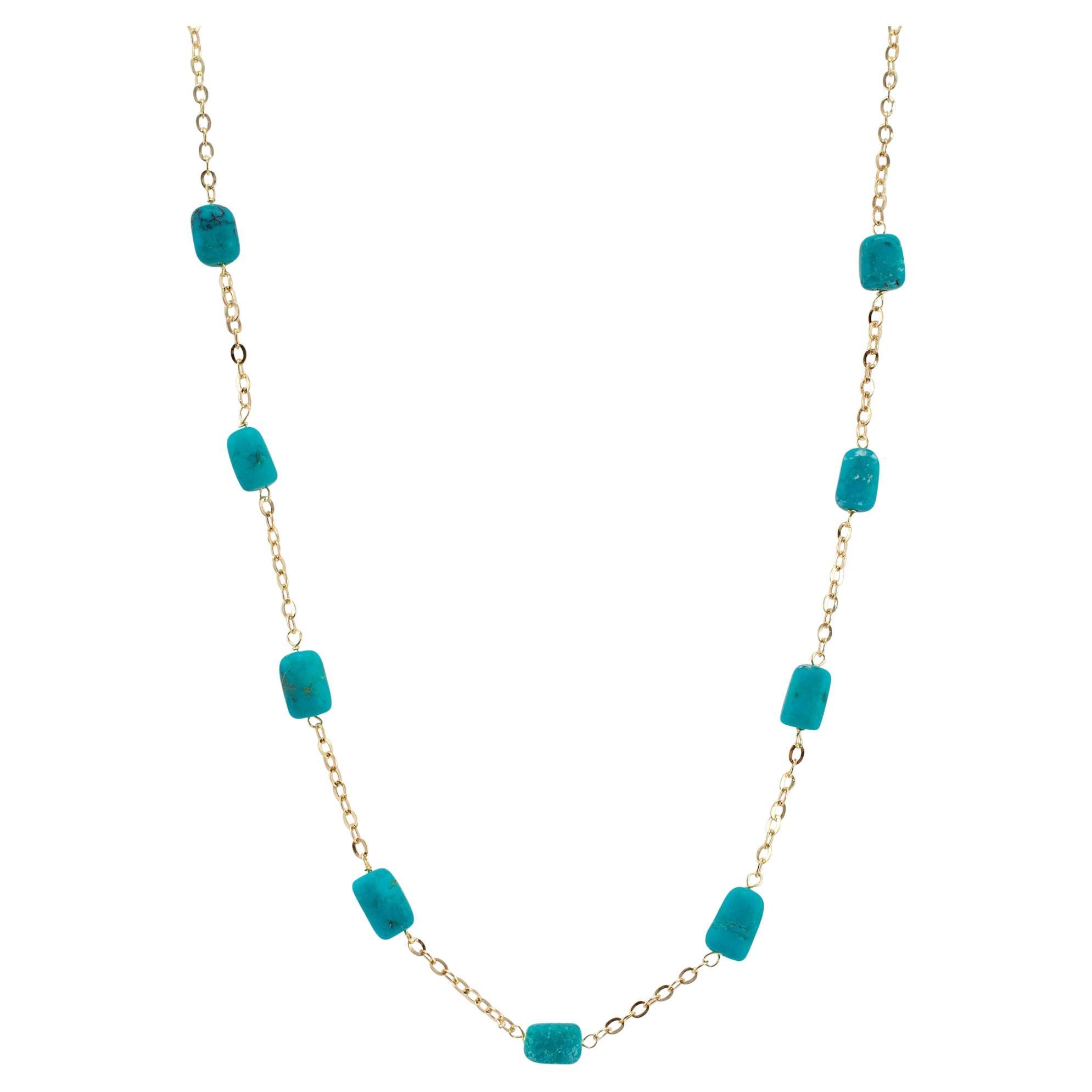 Ladies 14K Yellow Gold Turquoise Station Chain Necklace